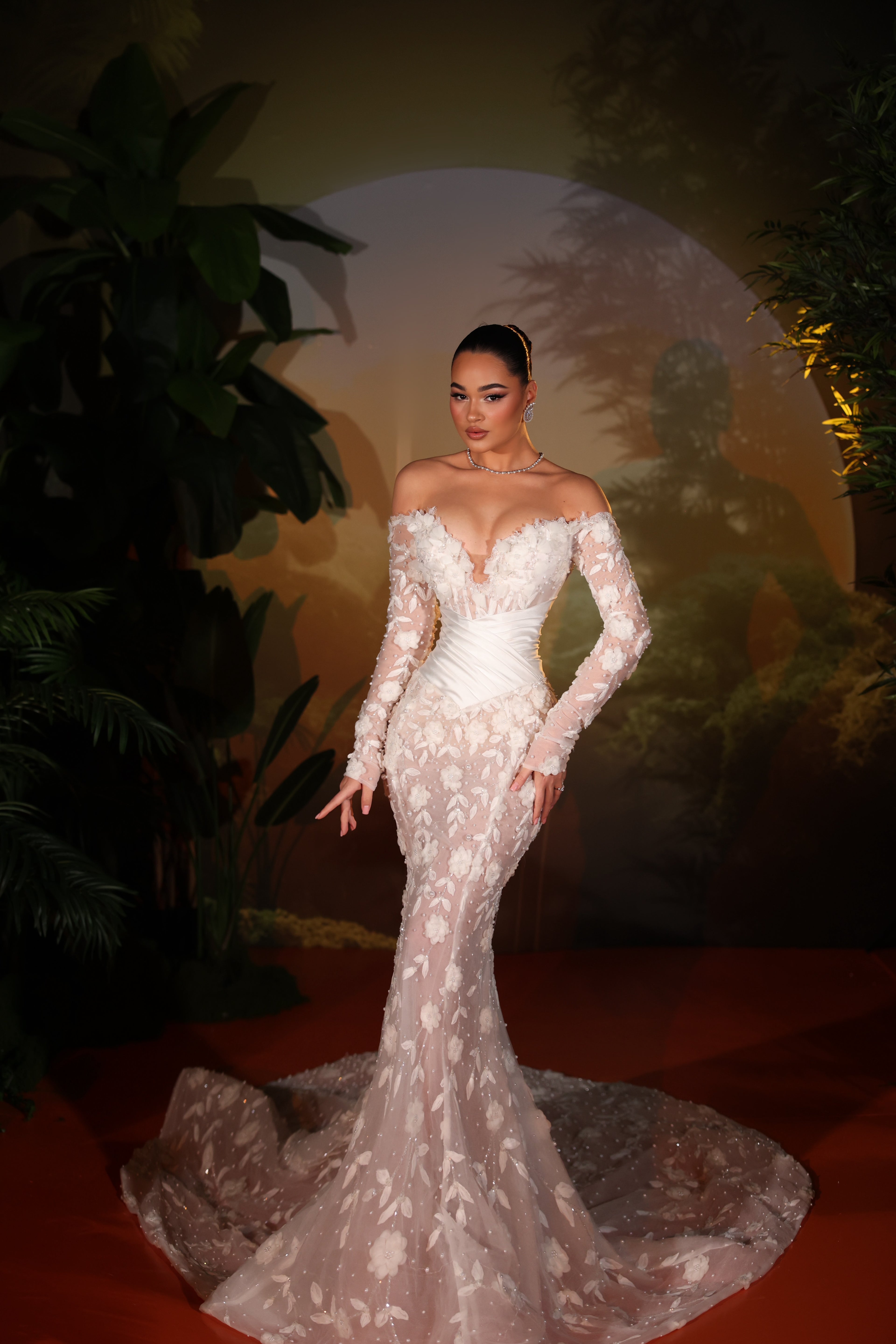 Vionelle - Floral Mermaid Gown with Detachable Cape