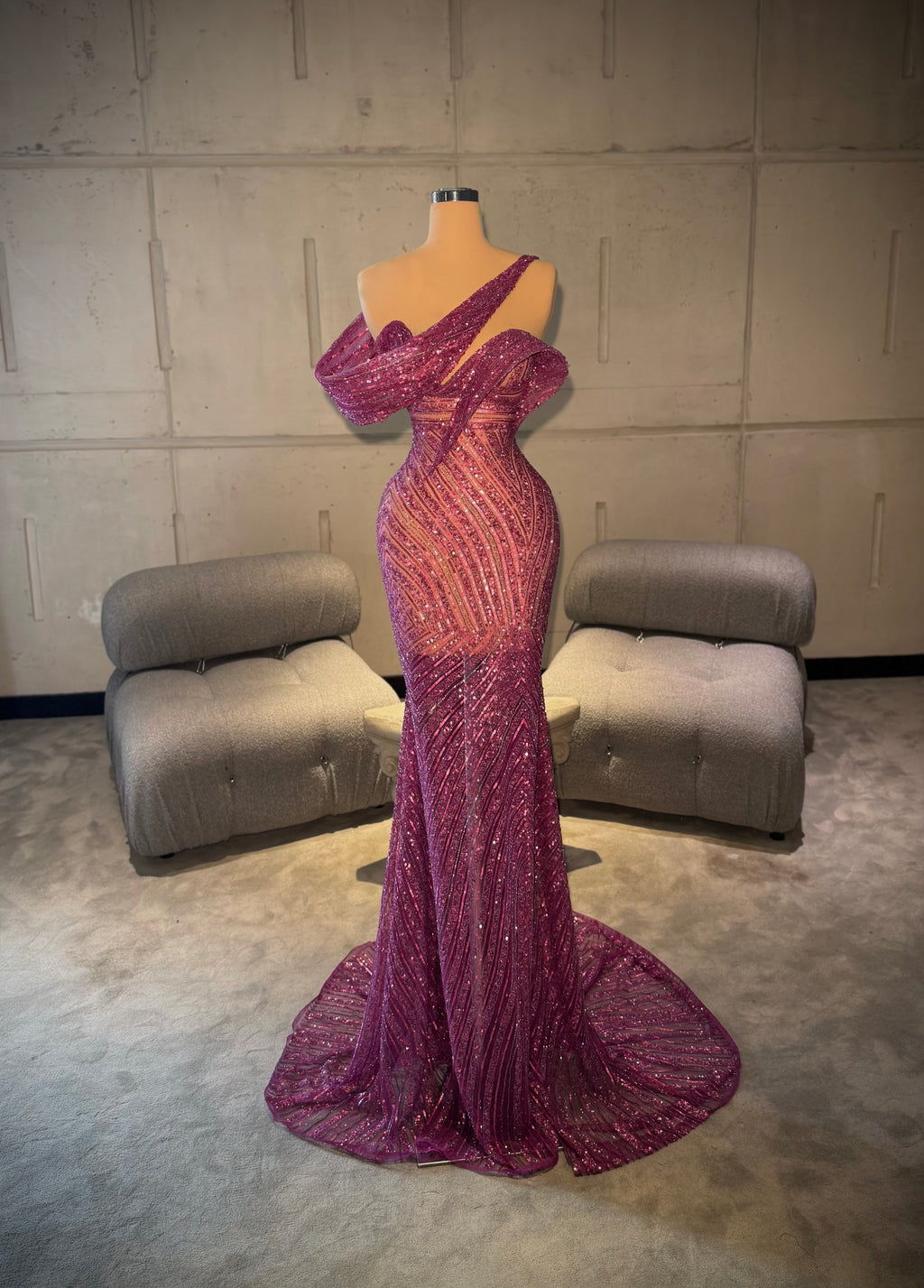 Valèria – Magenta Sequin Off Shoulder Gown