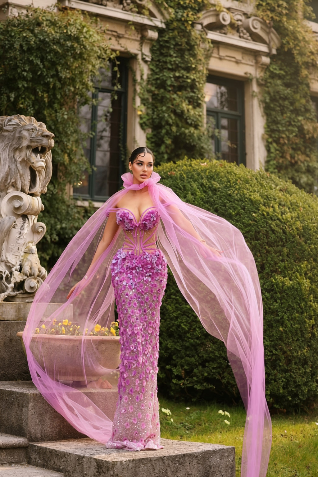 Lilienne - Pink 3D Floral Gown