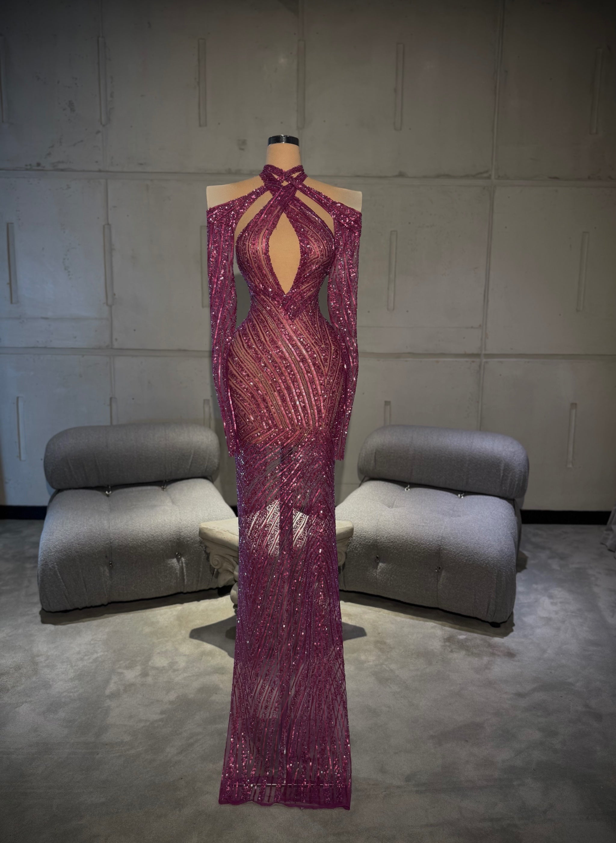 Rozela - Fuchsia Beaded Cutout Gown