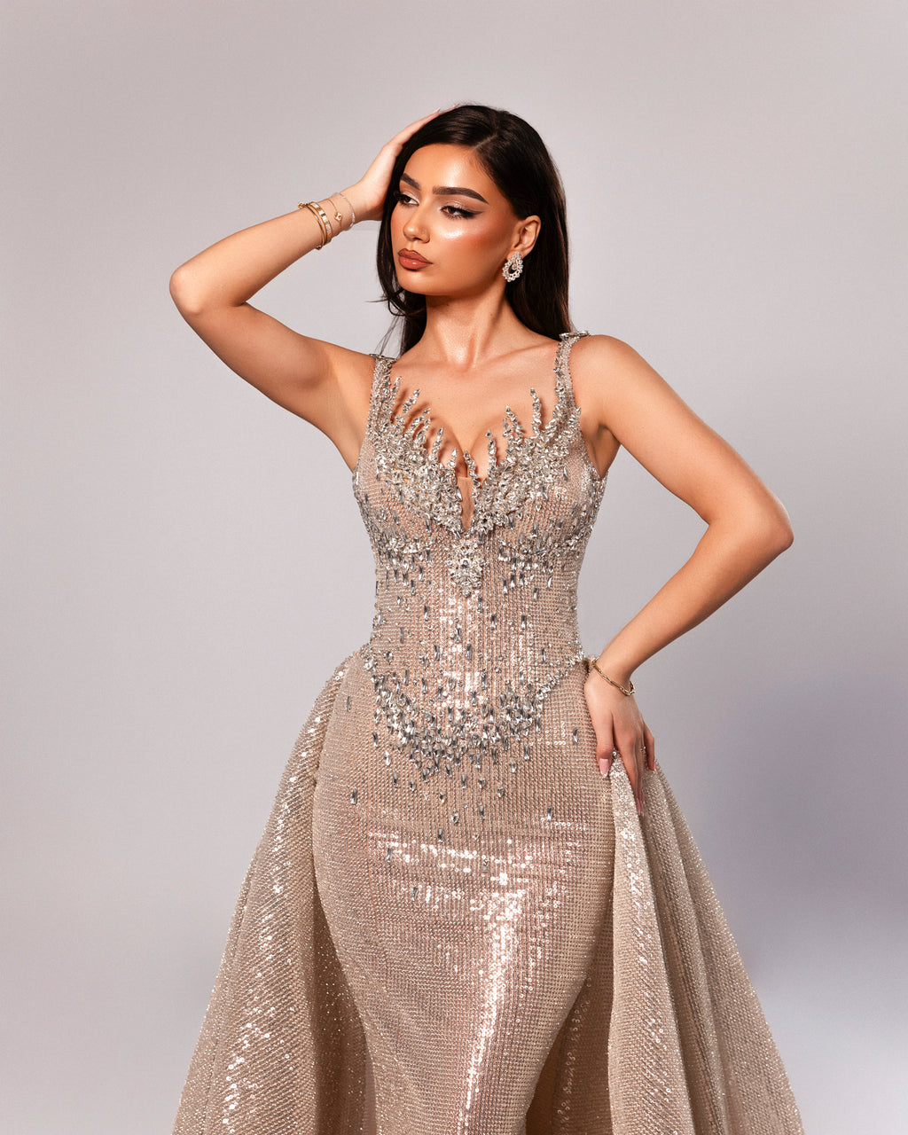 Plunging Neckline Sequin Gown with Detachable Overskirt
