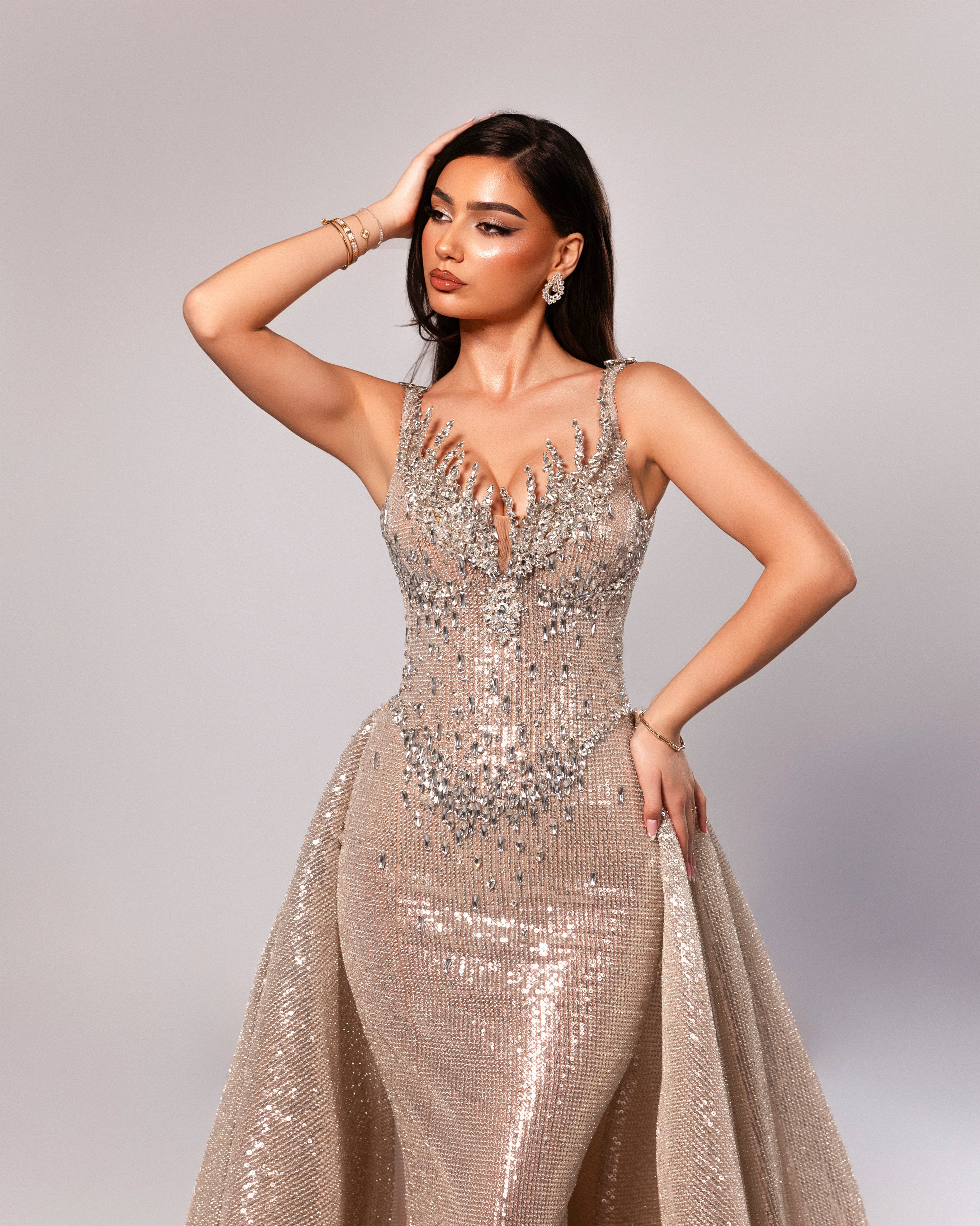 Plunging Neckline Sequin Gown with Detachable Overskirt