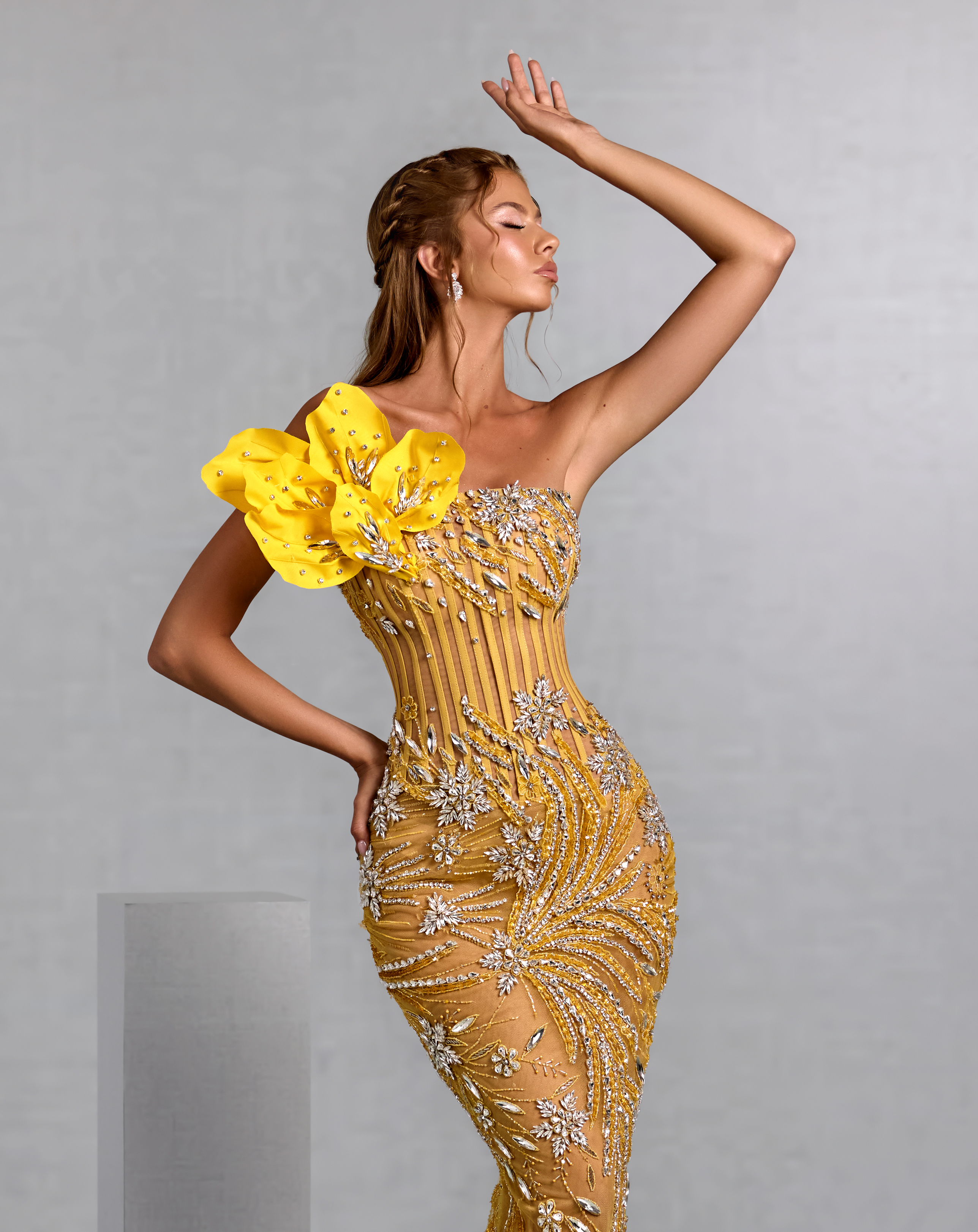 Yellow Mermaid Gown with Vine Motif and Floral Embellishment S