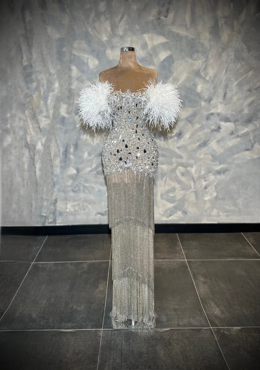 Theresia - Silver crystal feather gown