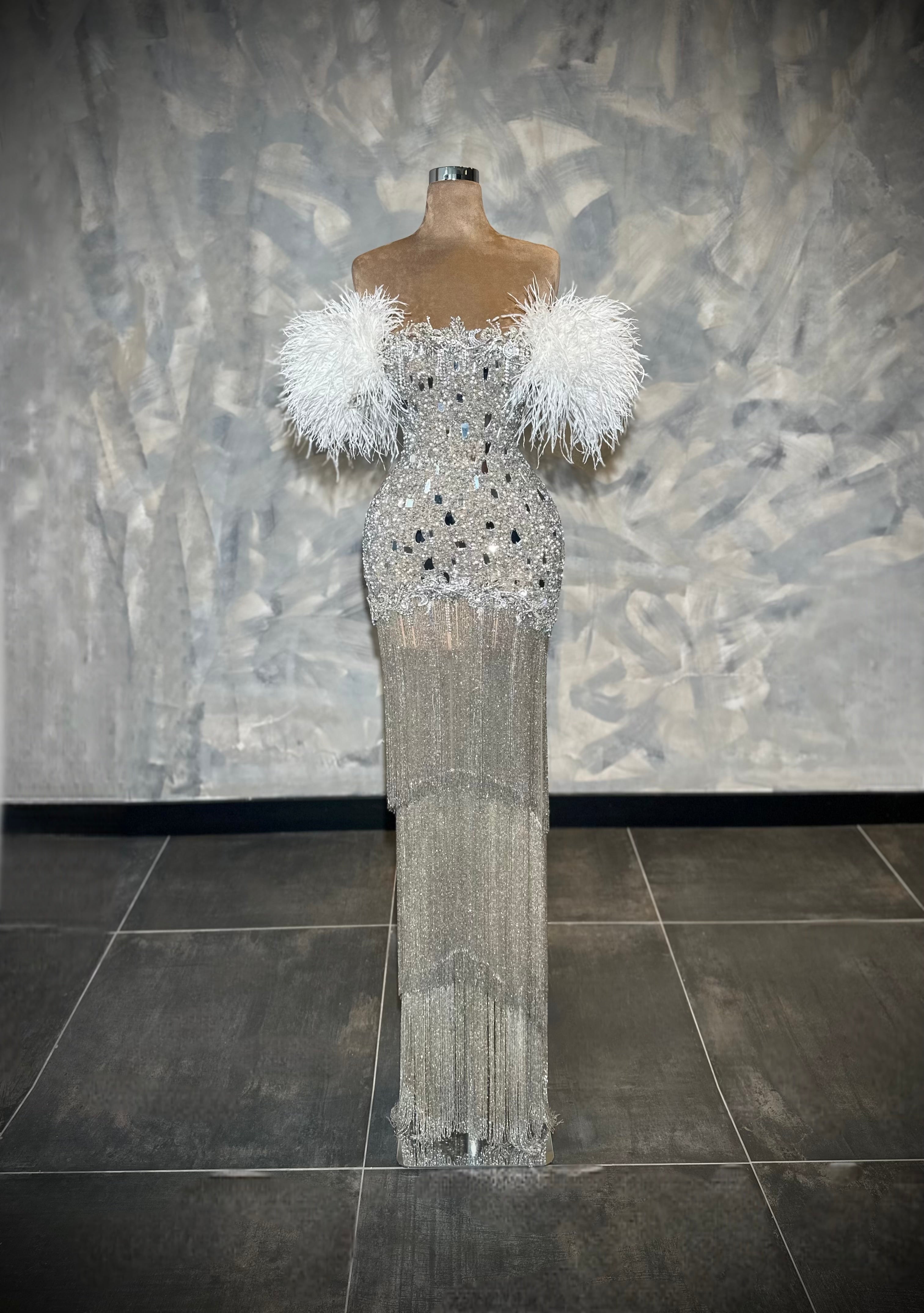 Theresia - Silver crystal feather gown