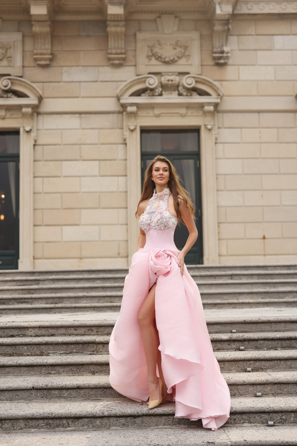 Rosina - Blush Halter Floral Gown