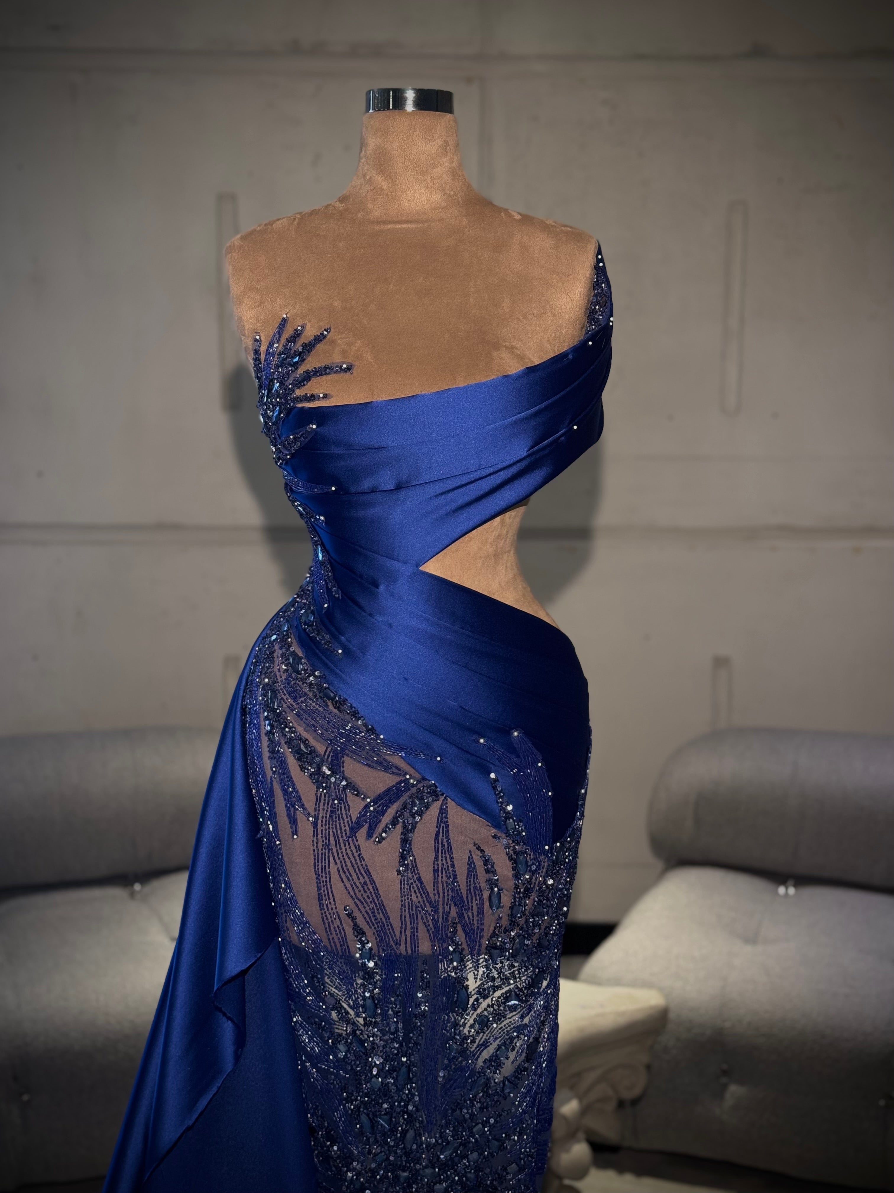Steph - Royal Blue Cut-Out Beaded Gown