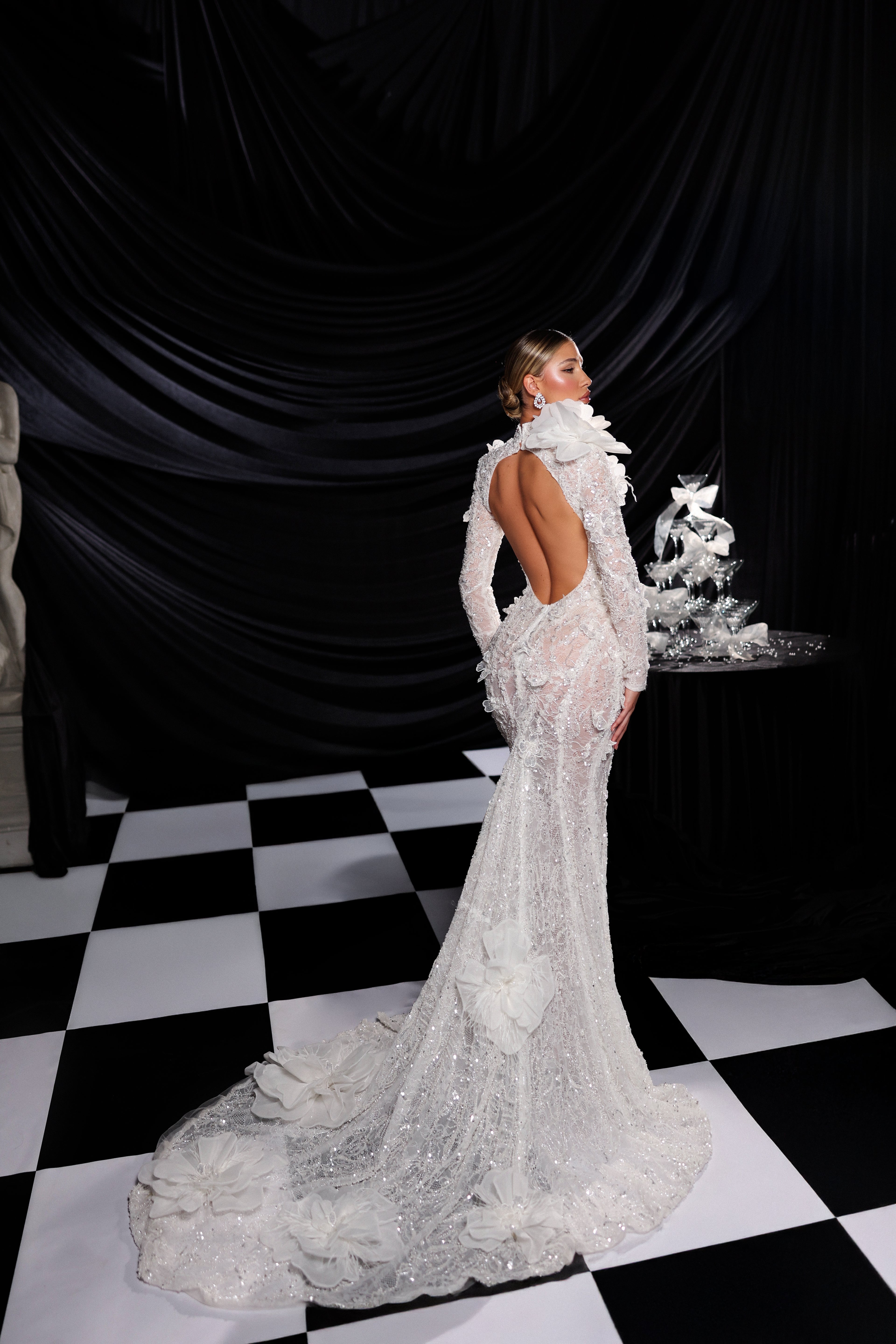 Long Sleeve Floral Lace Wedding Gown