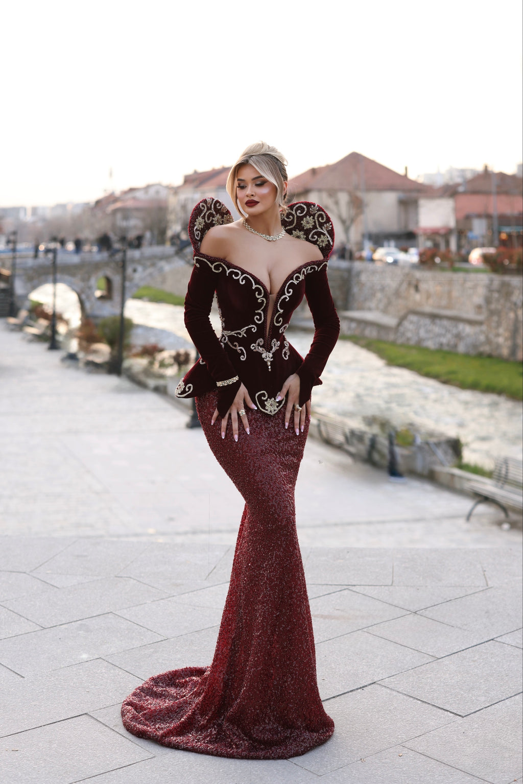 Liridona - Burgundy Velvet Peplum Mermaid Dress