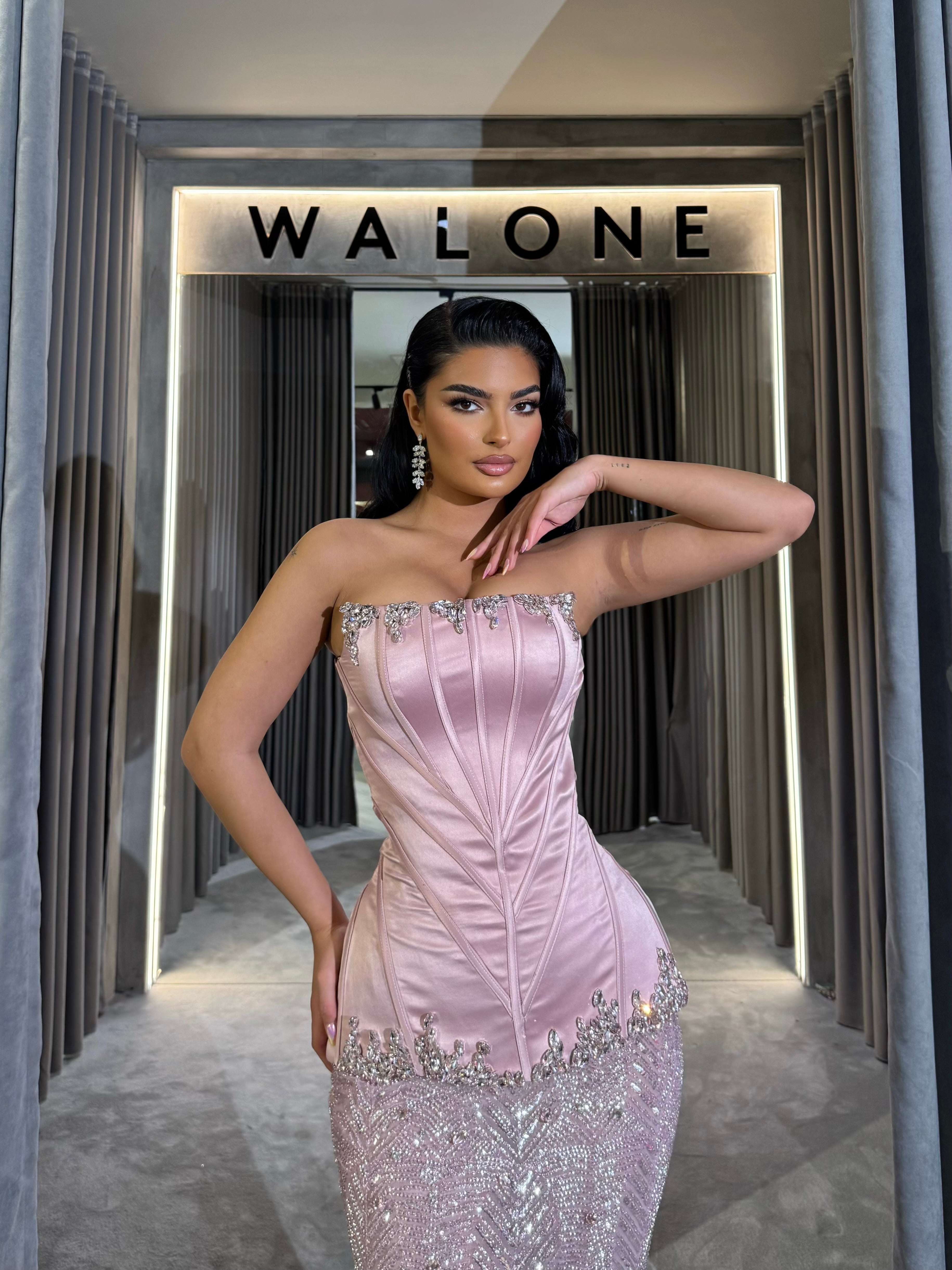 Long dress with structured satin corset and chevron sequin skirt