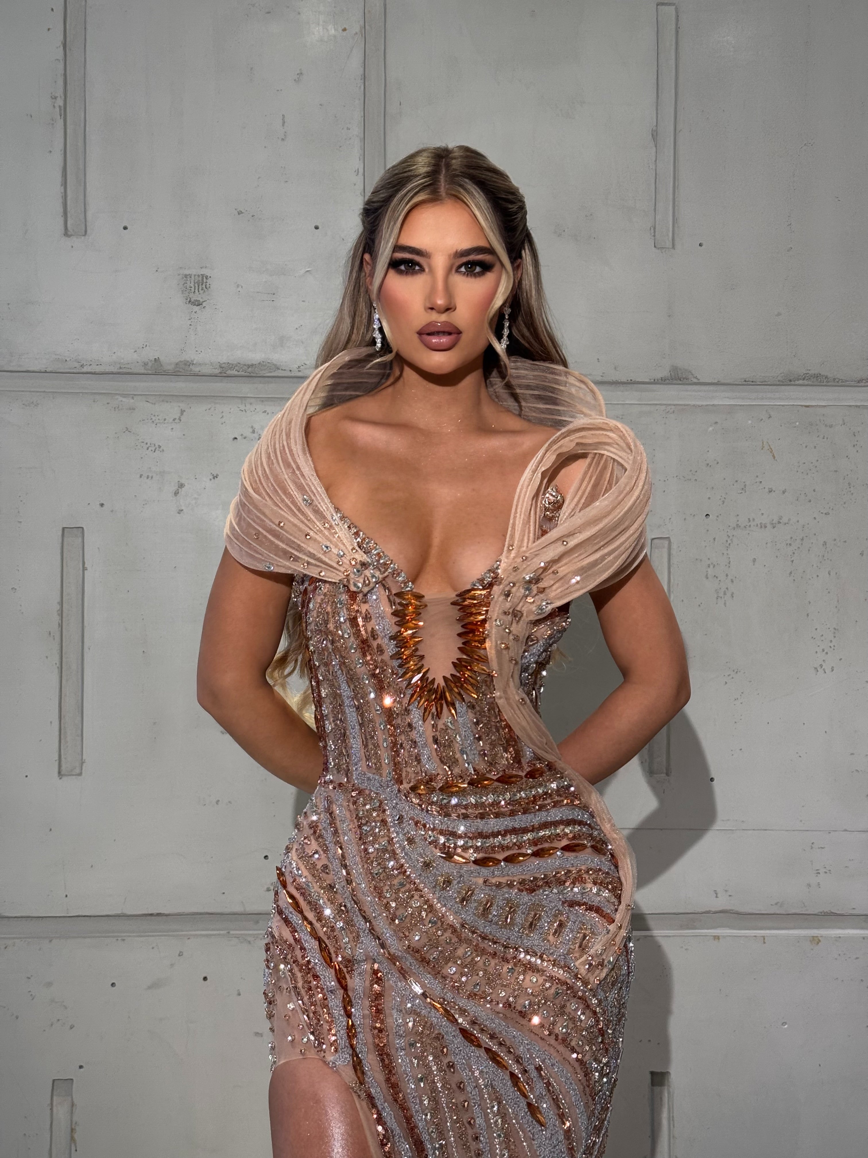 Nude Dress with Peach Embellishments and Pleated Neck Detail Walone LLC Nude Dress with Peach Embellishments and Pleated Neck Detail Walone LLC