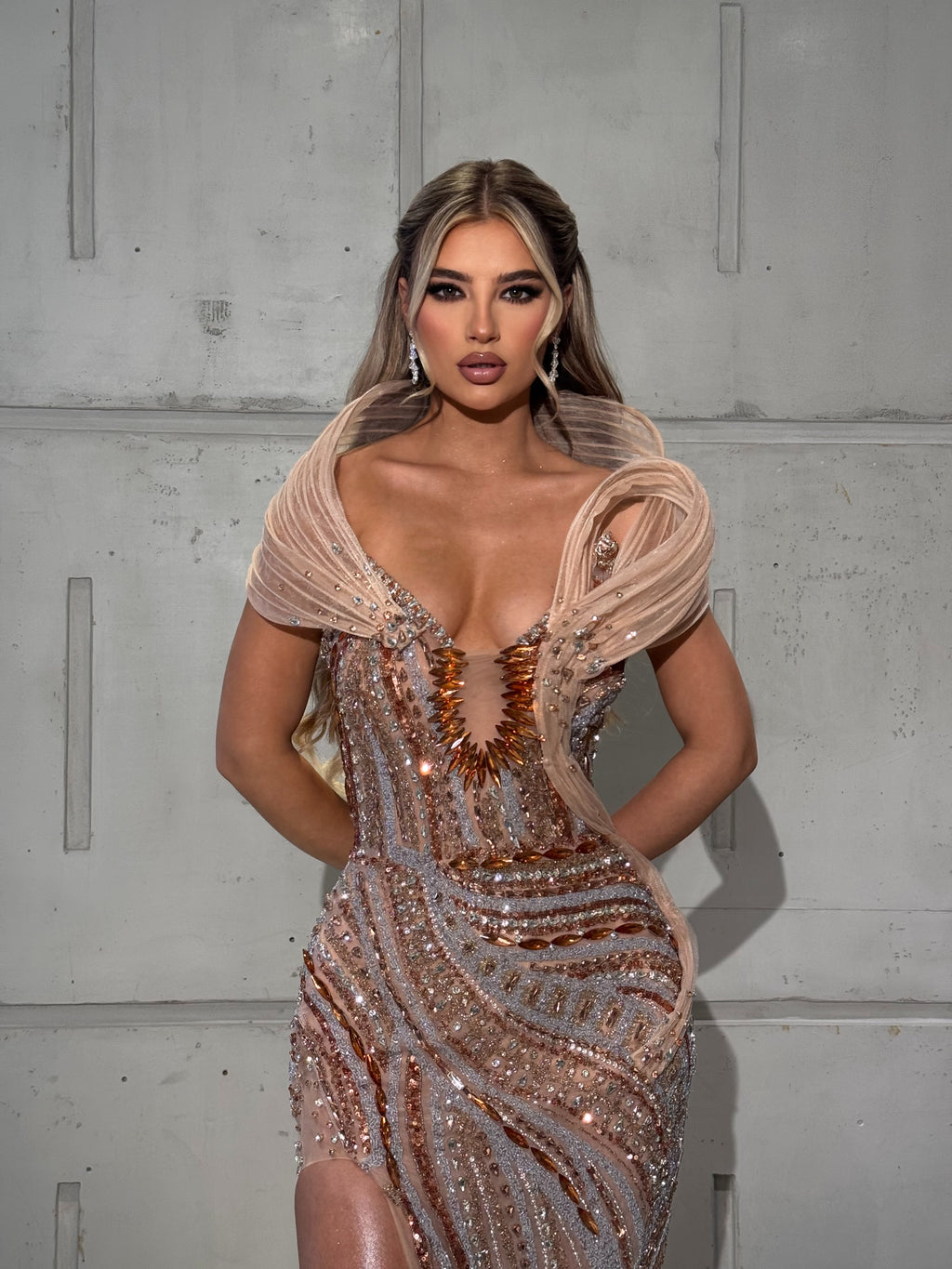 Nude Dress with Peach Embellishments and Pleated Neck Detail