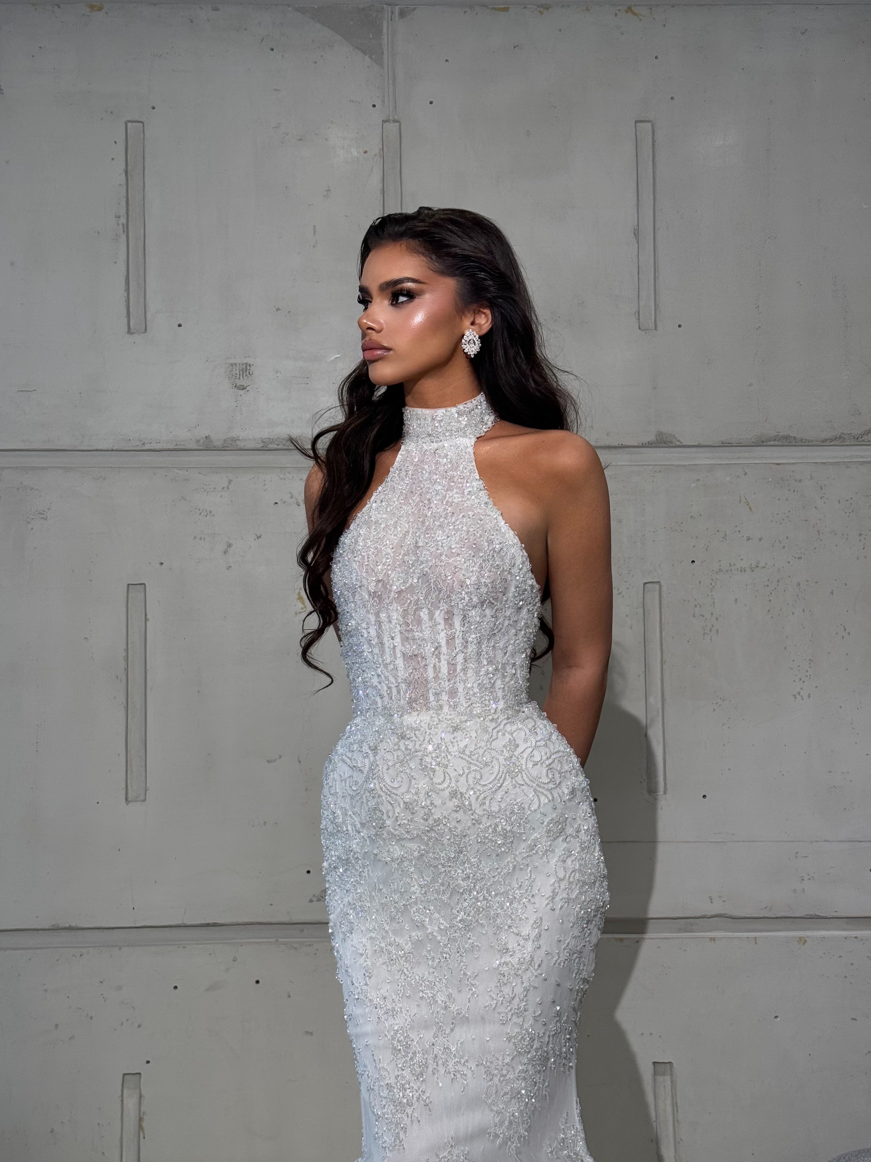 Long White Halter Neck Dress with Beaded Details