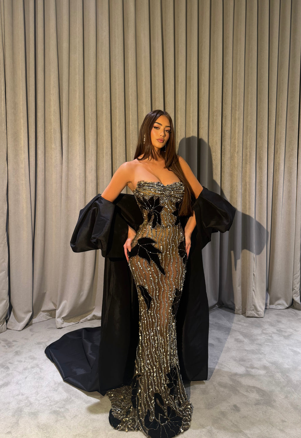 Zanna - Black & Gold Embellished Mermaid Gown with Oversized Satin Cape
