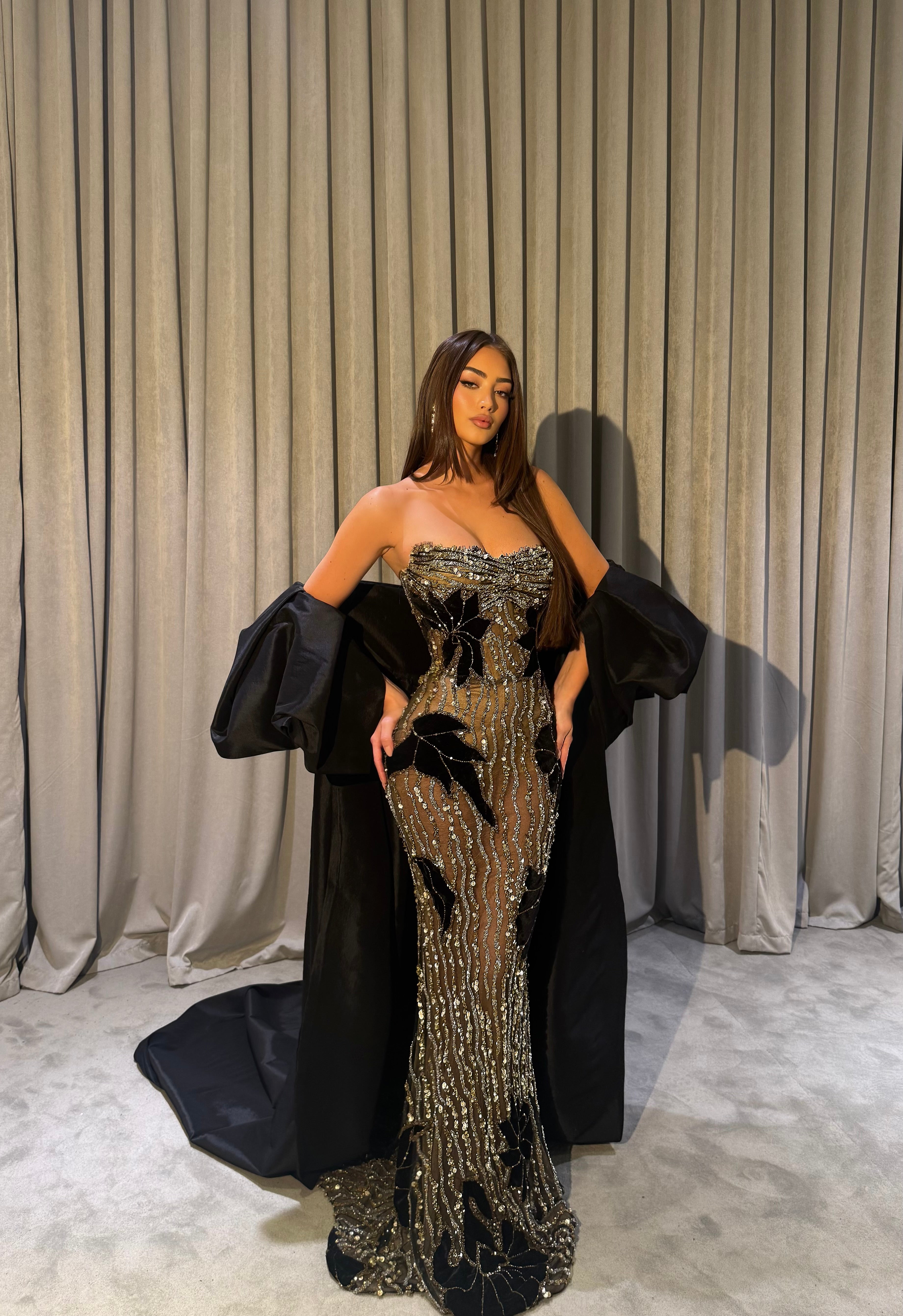 Zanna - Black & Gold Embellished Mermaid Gown with Oversized Satin Cape