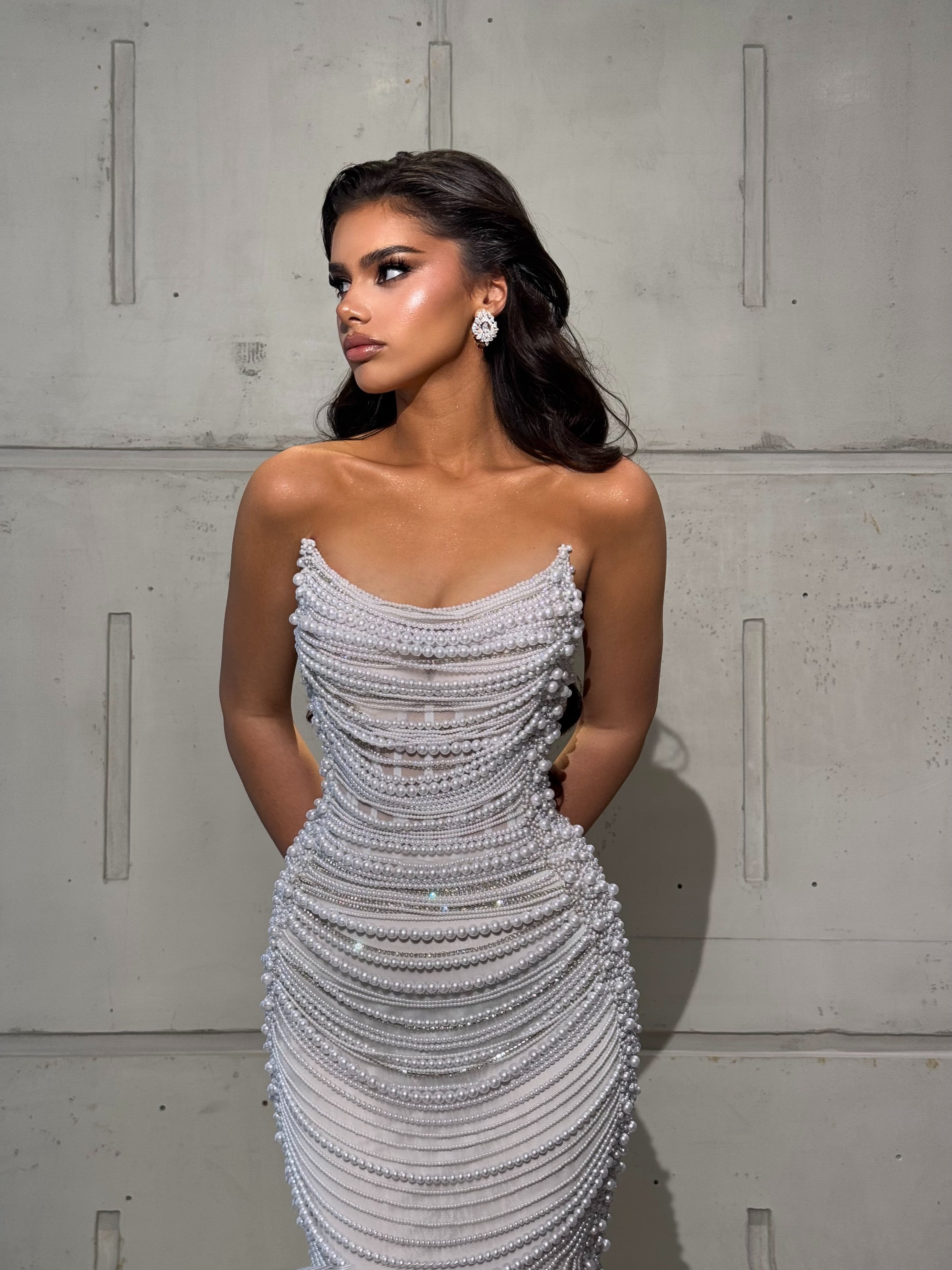 Long White Bridal Dress with Pearl Embellishments