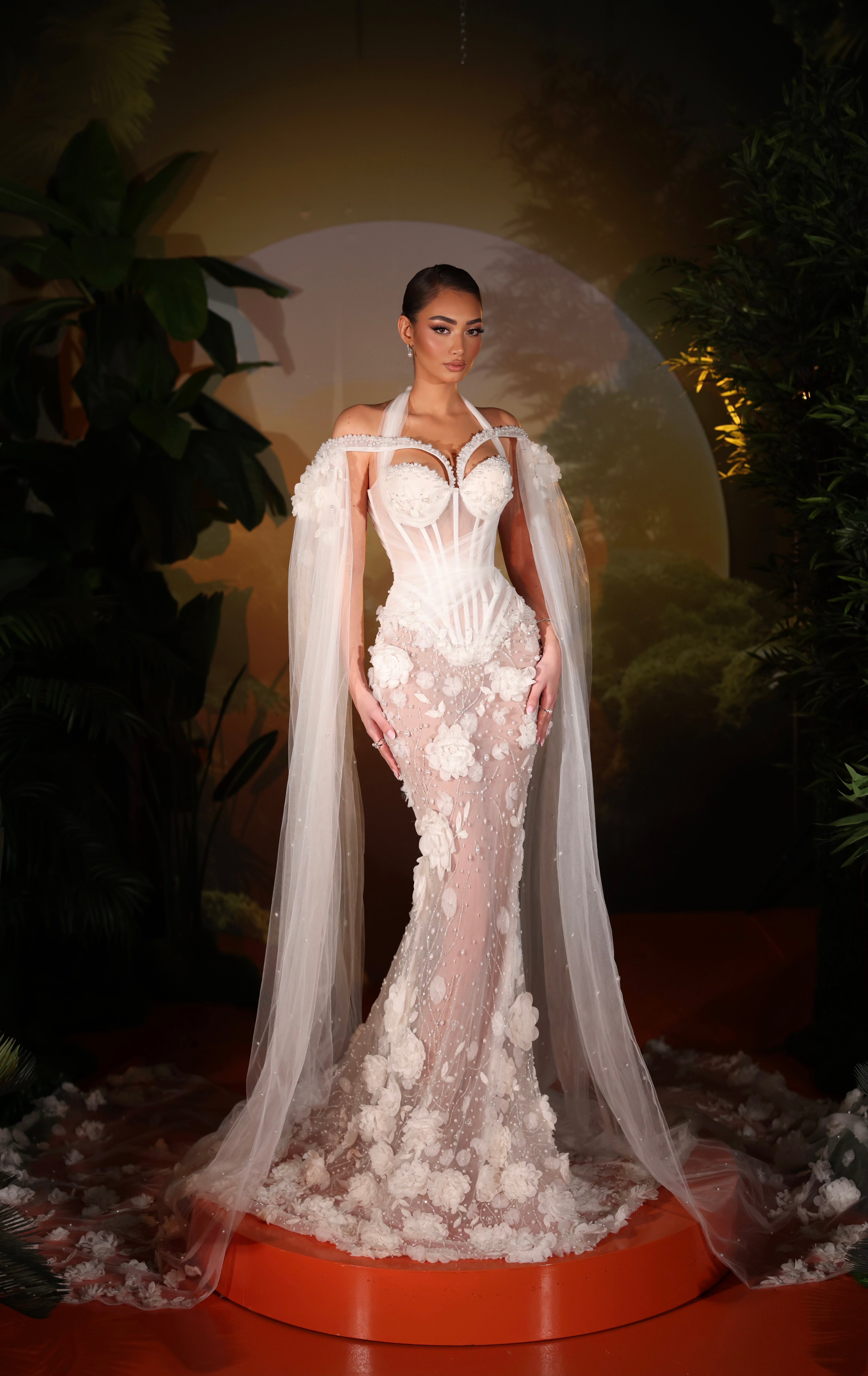 Olivia - Long Cape Sleeve 3D Floral Gown