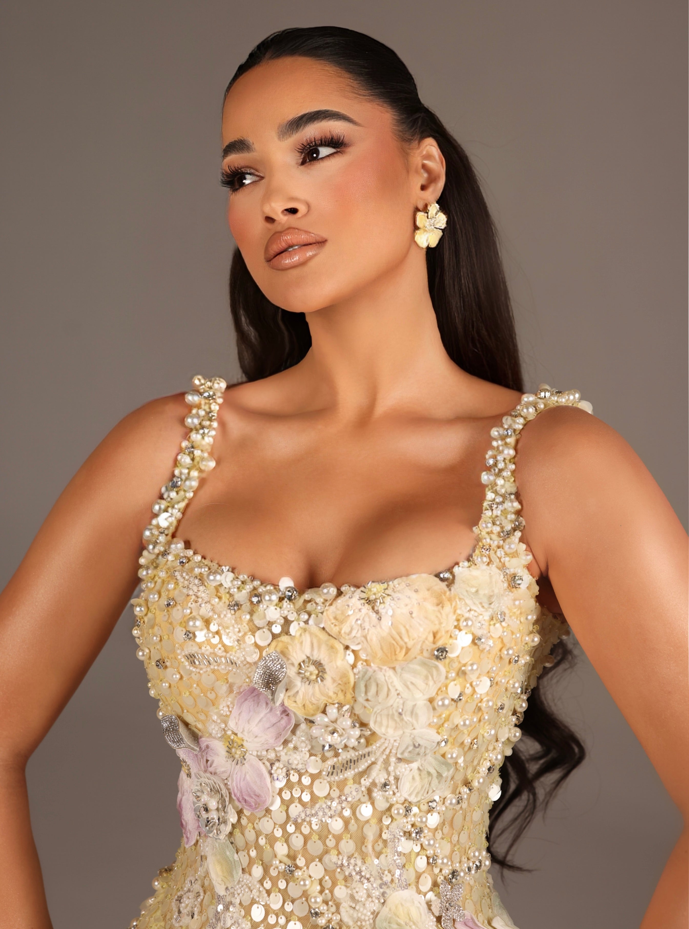 Almira - Embellished Gown with Floral Appliqué and Straps