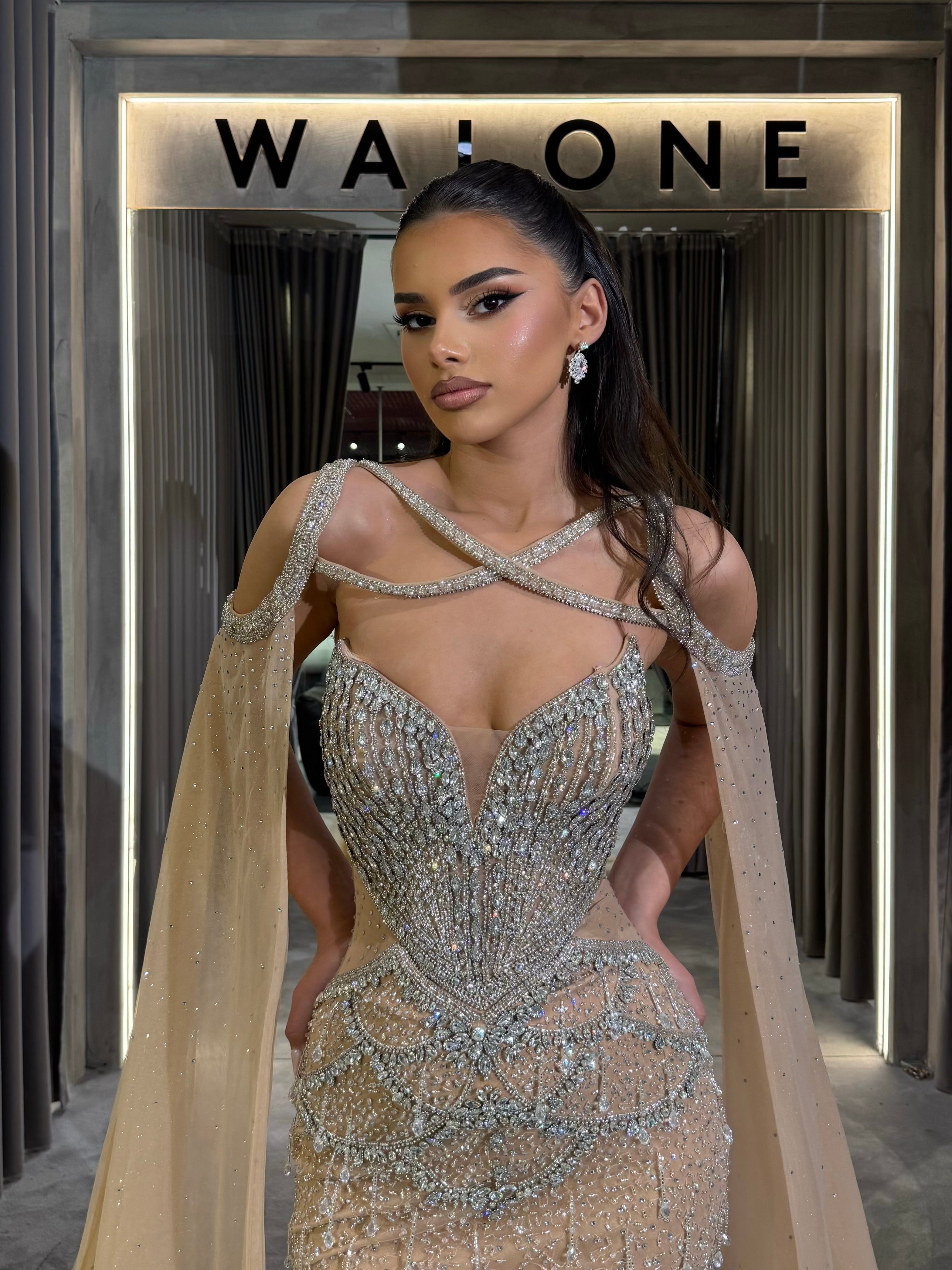 Champagne Gown with Cross-Strap Bodice and Tulle Cape XL / Gold