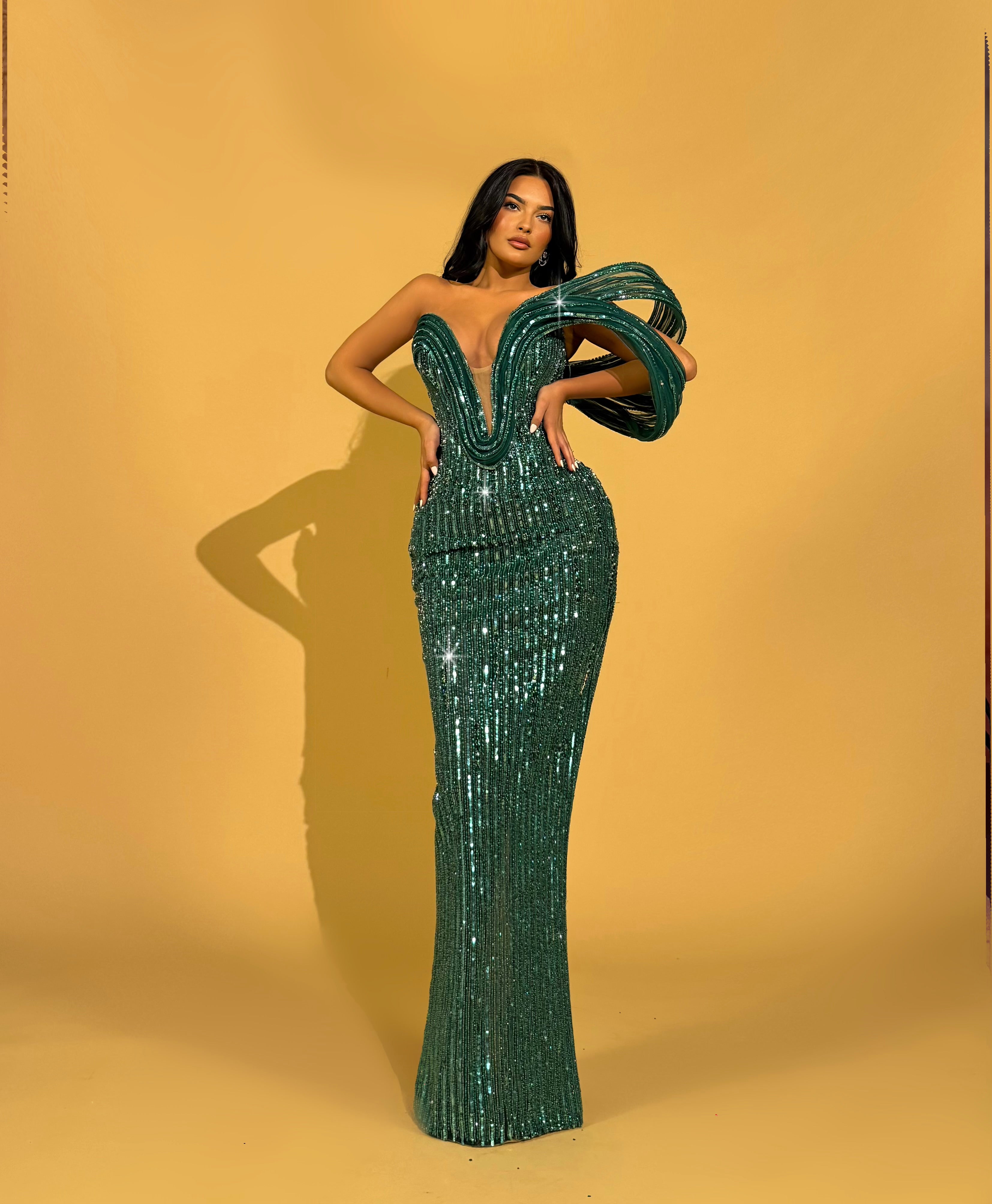 Emerald Green Sequin Gown with Sculpted Shoulder Detail