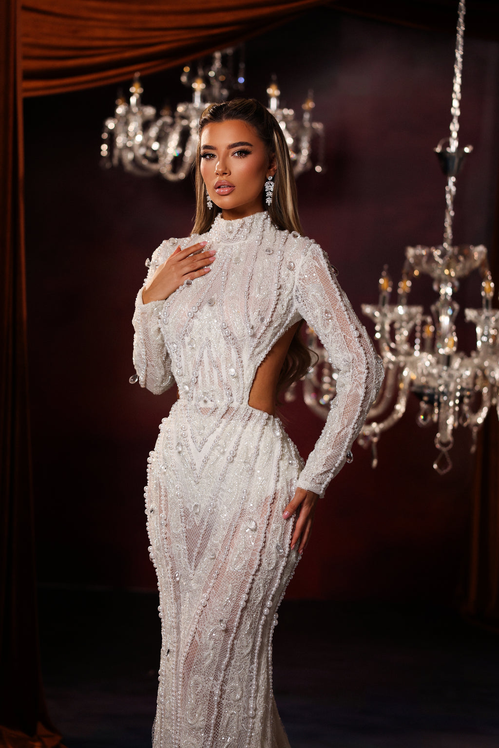 High Neck Beaded Cutout Long Sleeve Gown