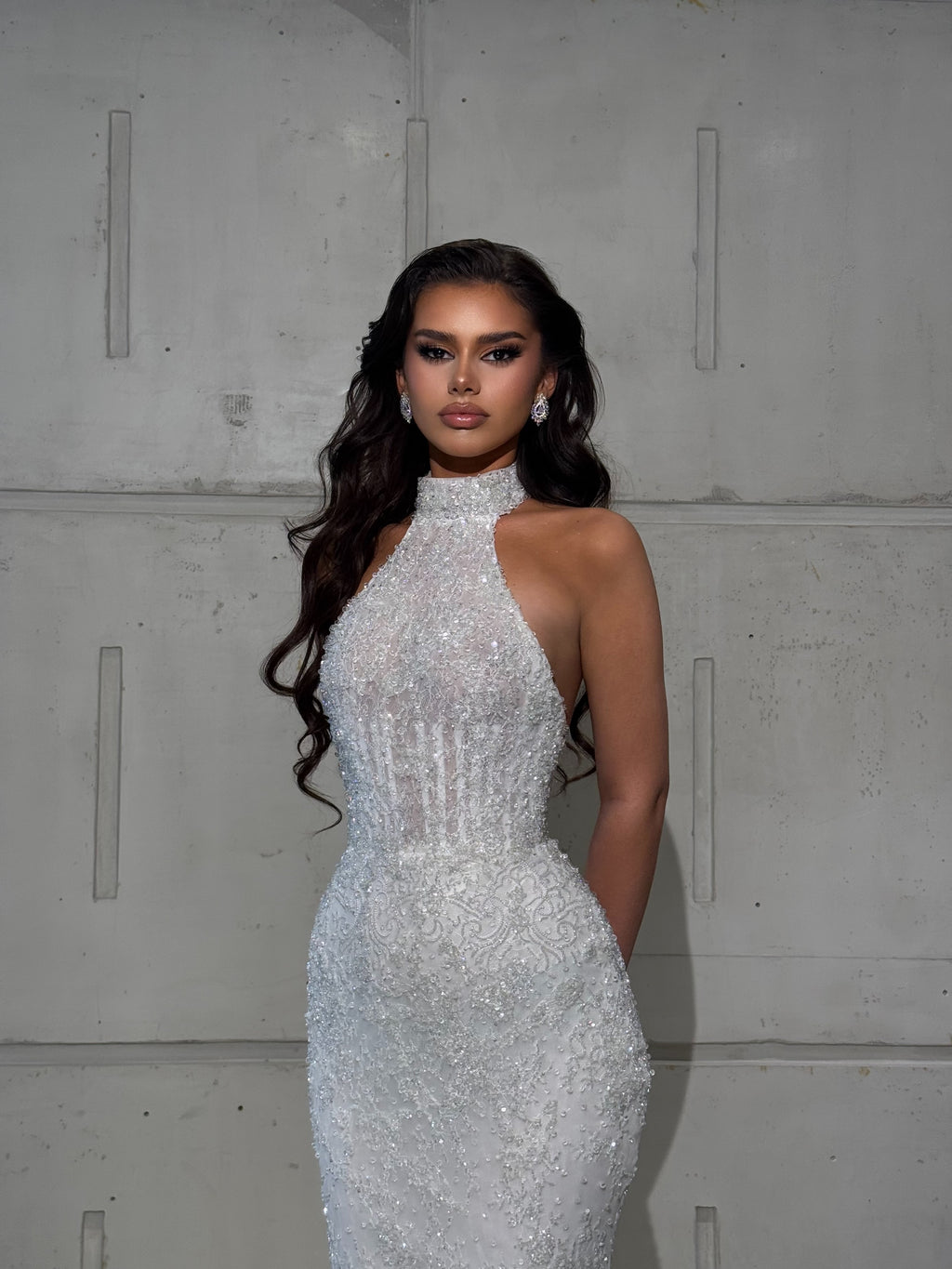 Long White Halter Neck Dress with Beaded Details