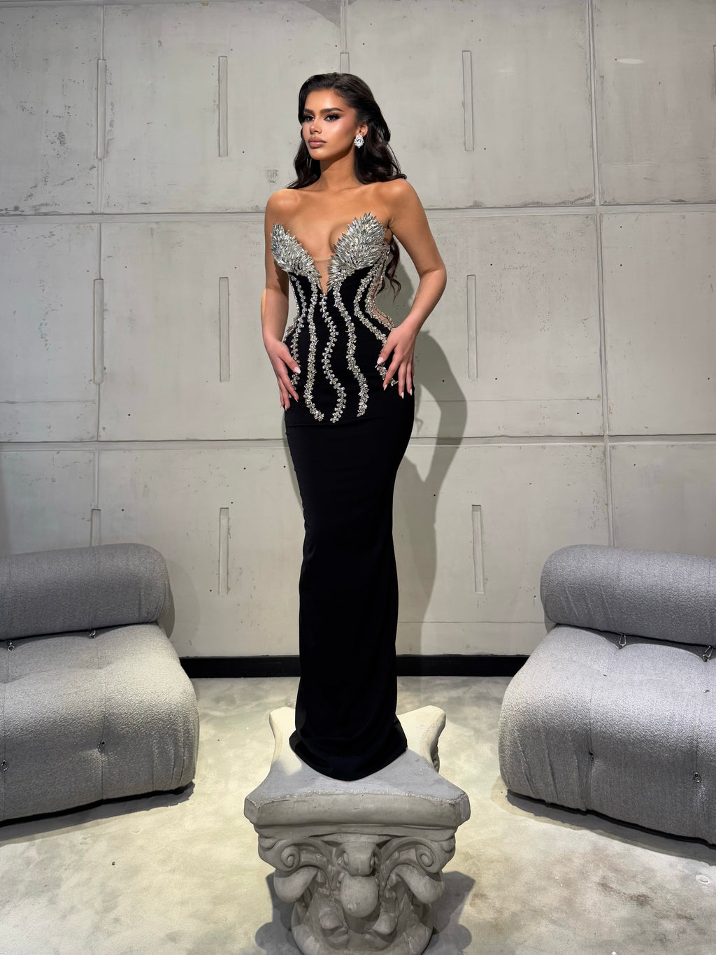 Long Black Strapless Gown with Silver Leaf Embellishments