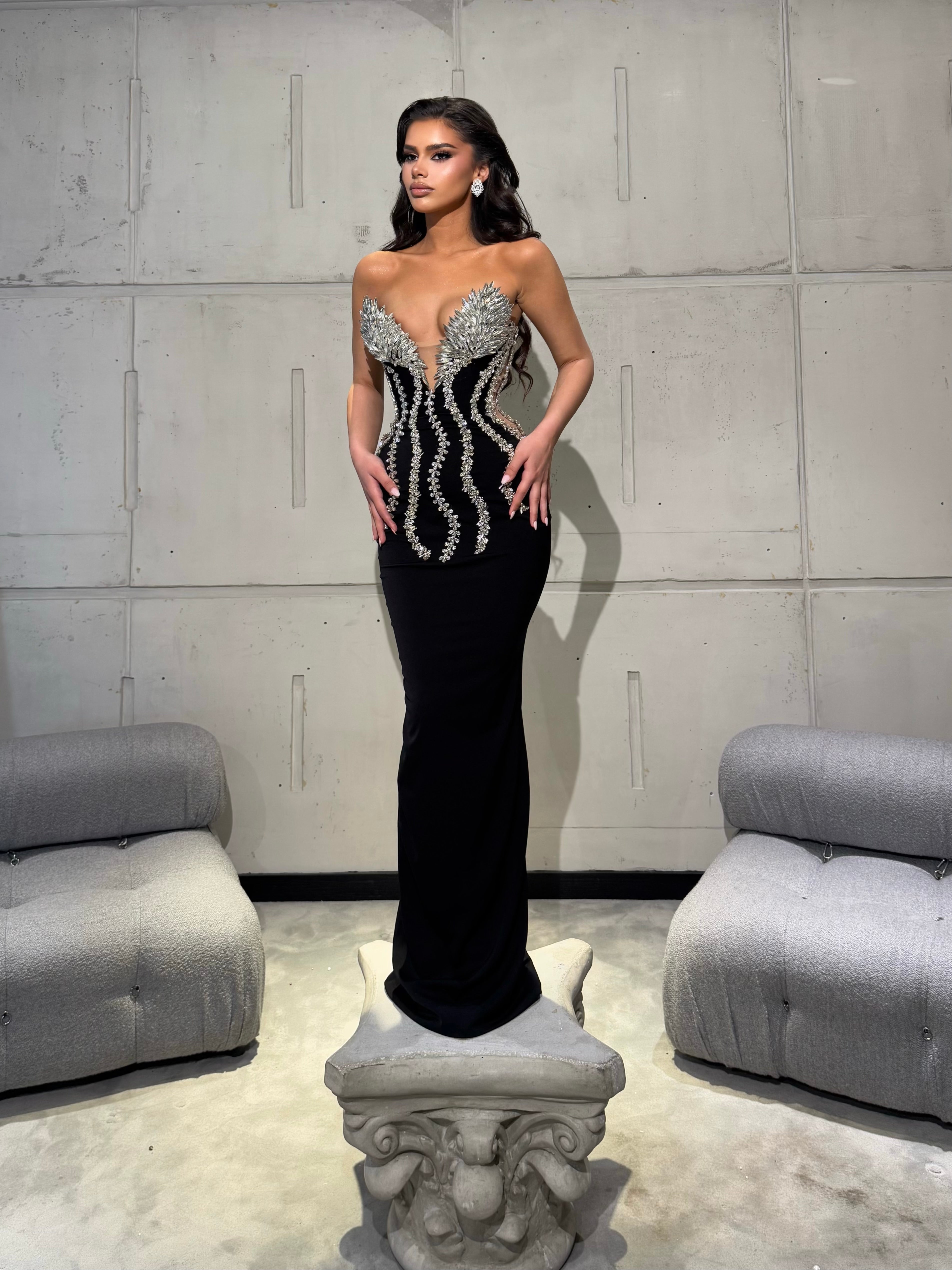 Long Black Strapless Gown with Silver Leaf Embellishments