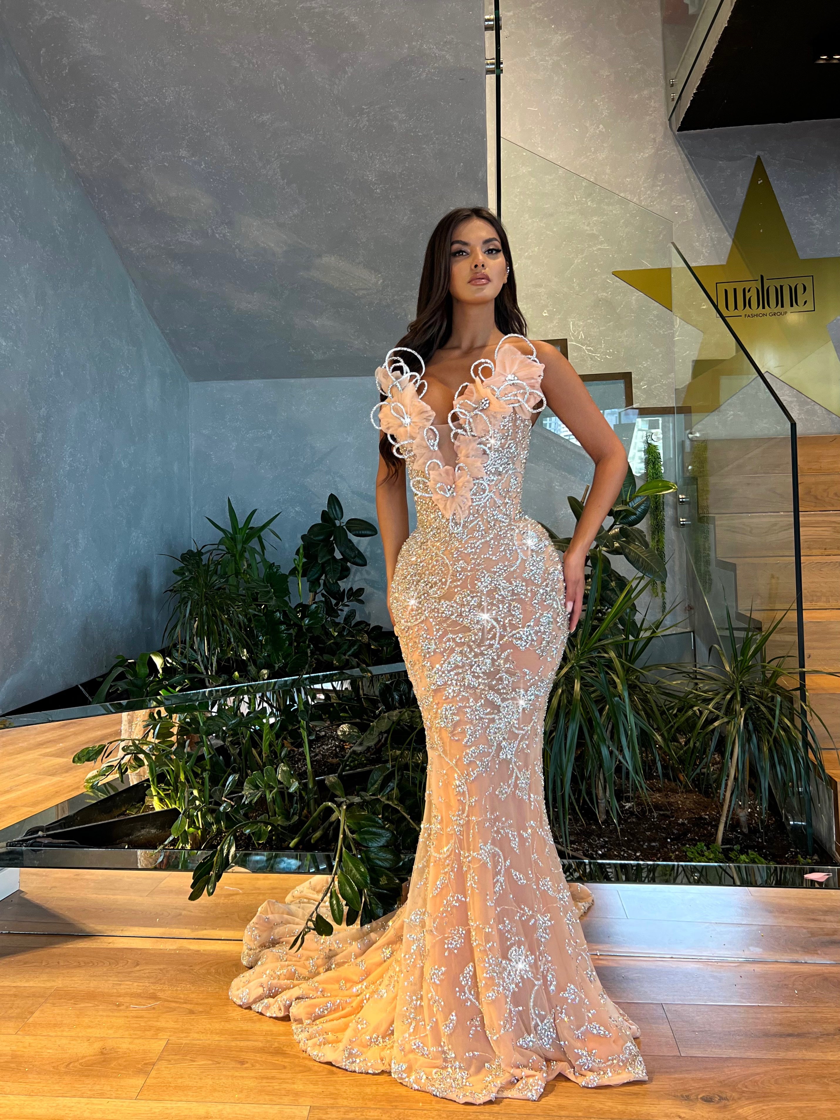 Mermaid Silver Lace Dress with 3D Floral Necklinee