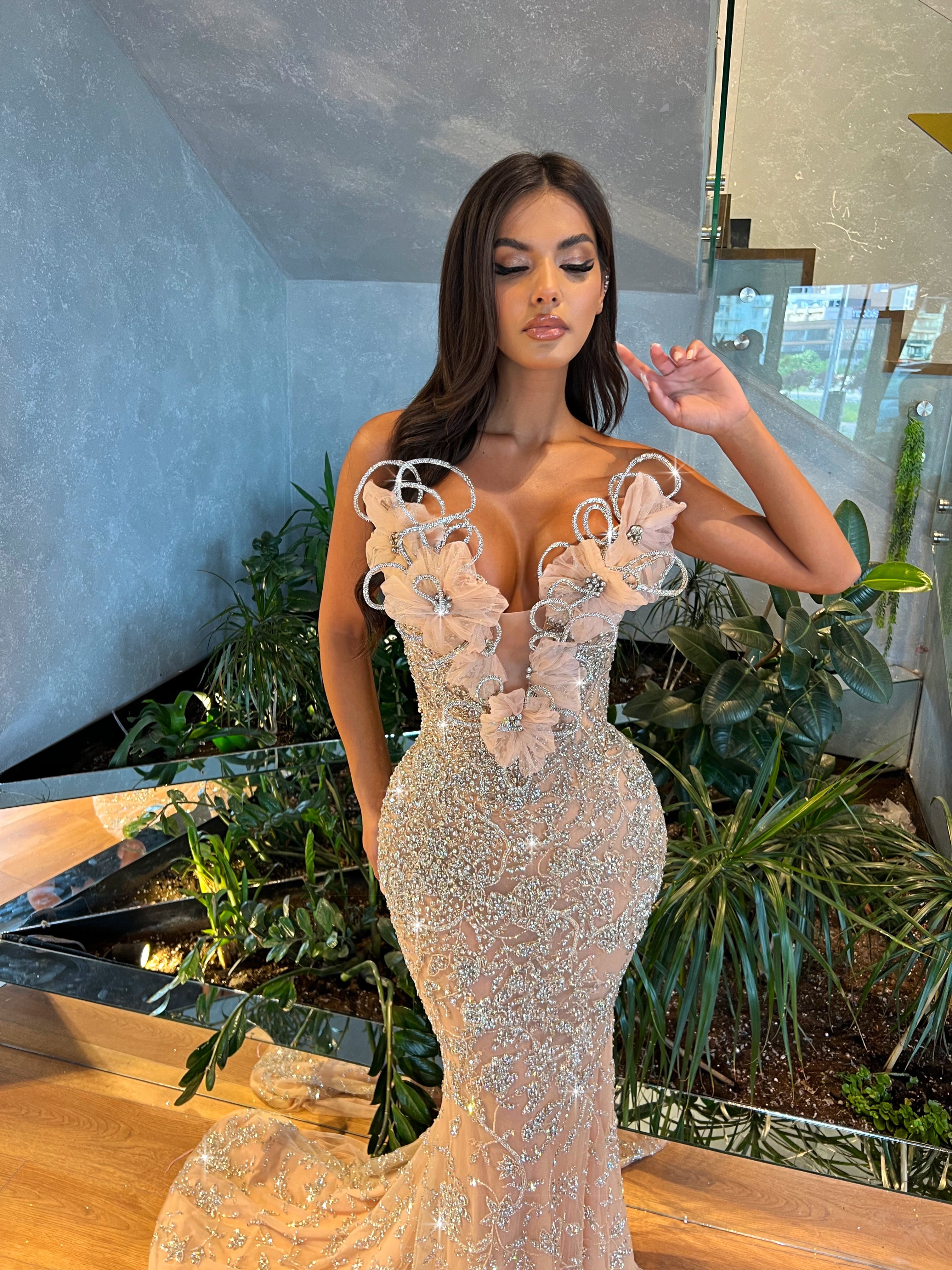 Mermaid Silver Lace Dress with 3D Floral Necklinee