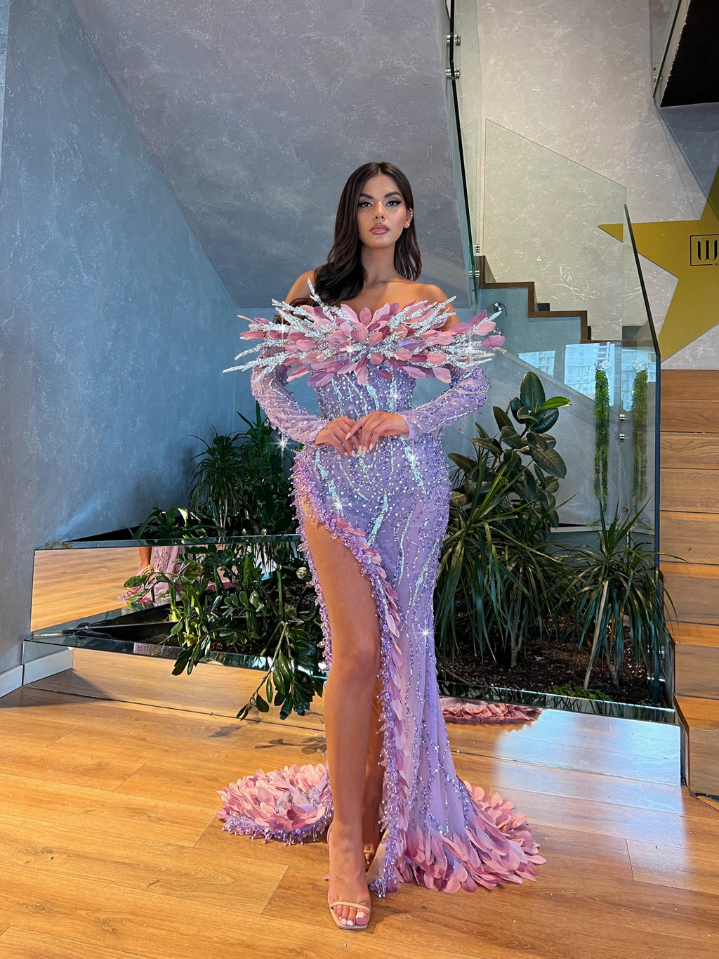 LAVENDER CRYSTAL DRESS WITH FEATHERED NECKLINE