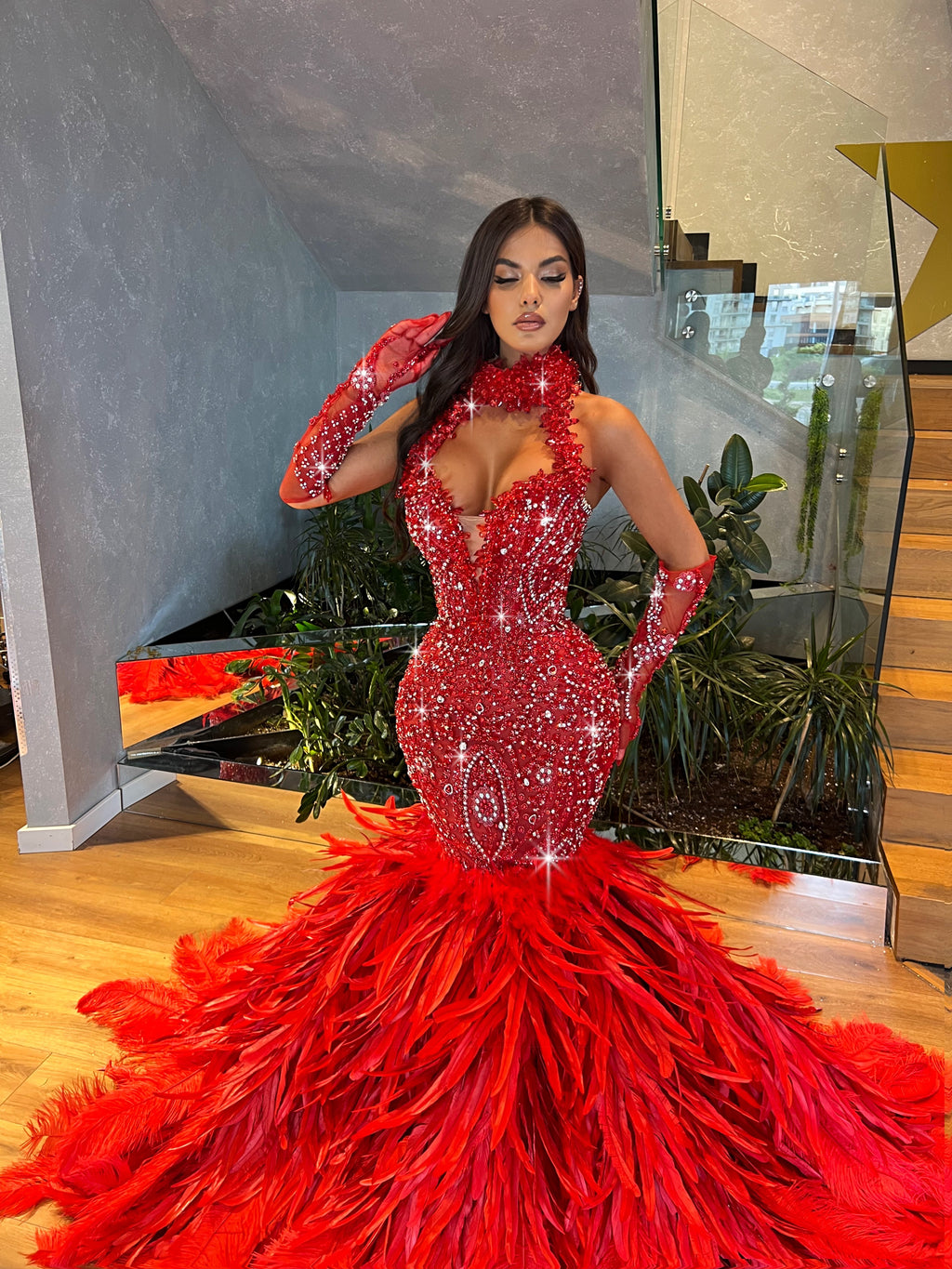 Halter Mermaid Crystal Dress with Feathered Train & Gloves S