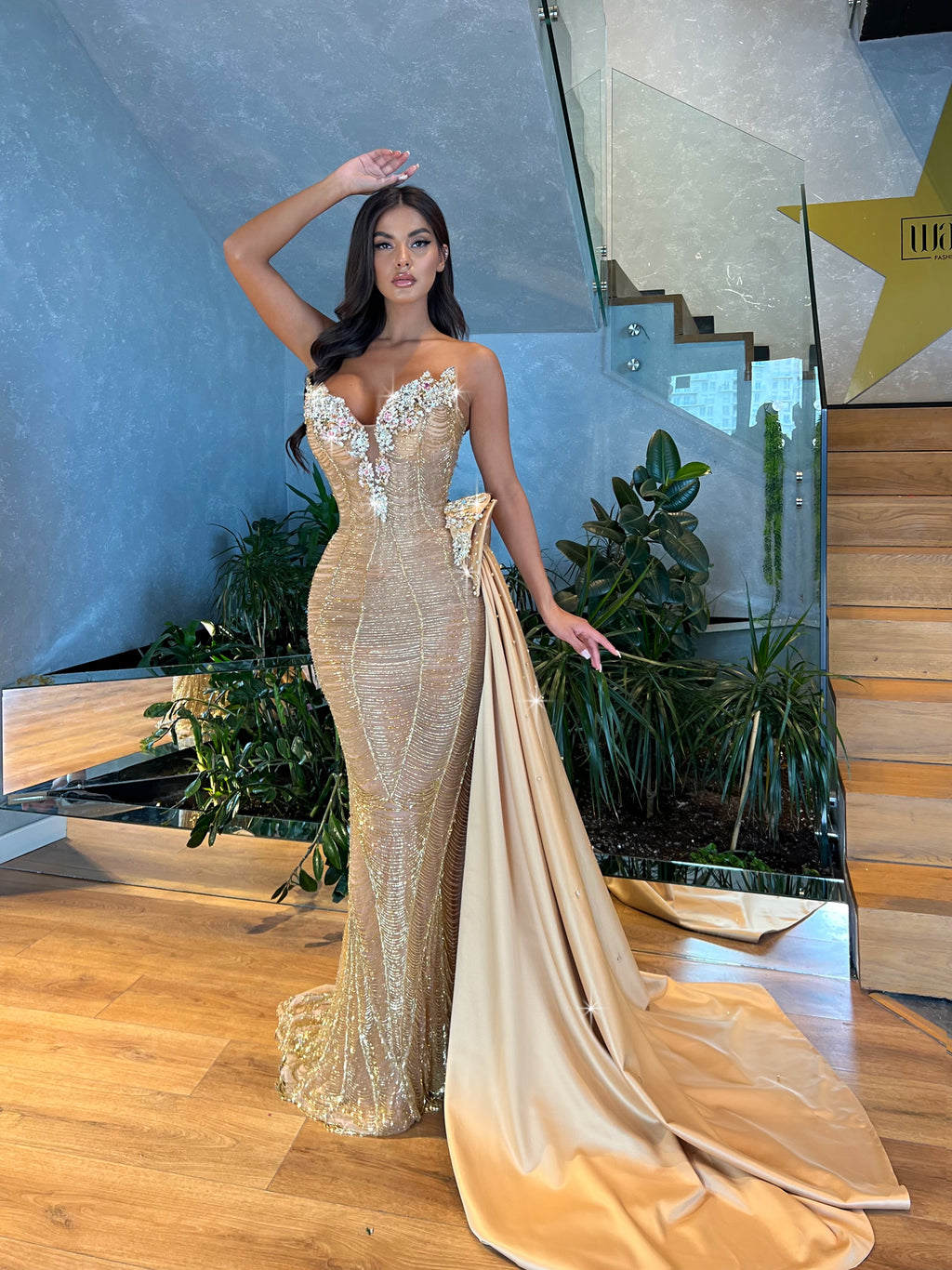 PLUNGE NECKLINE GOLD TASSEL DRESS WITH SIDE SATIN TAIL