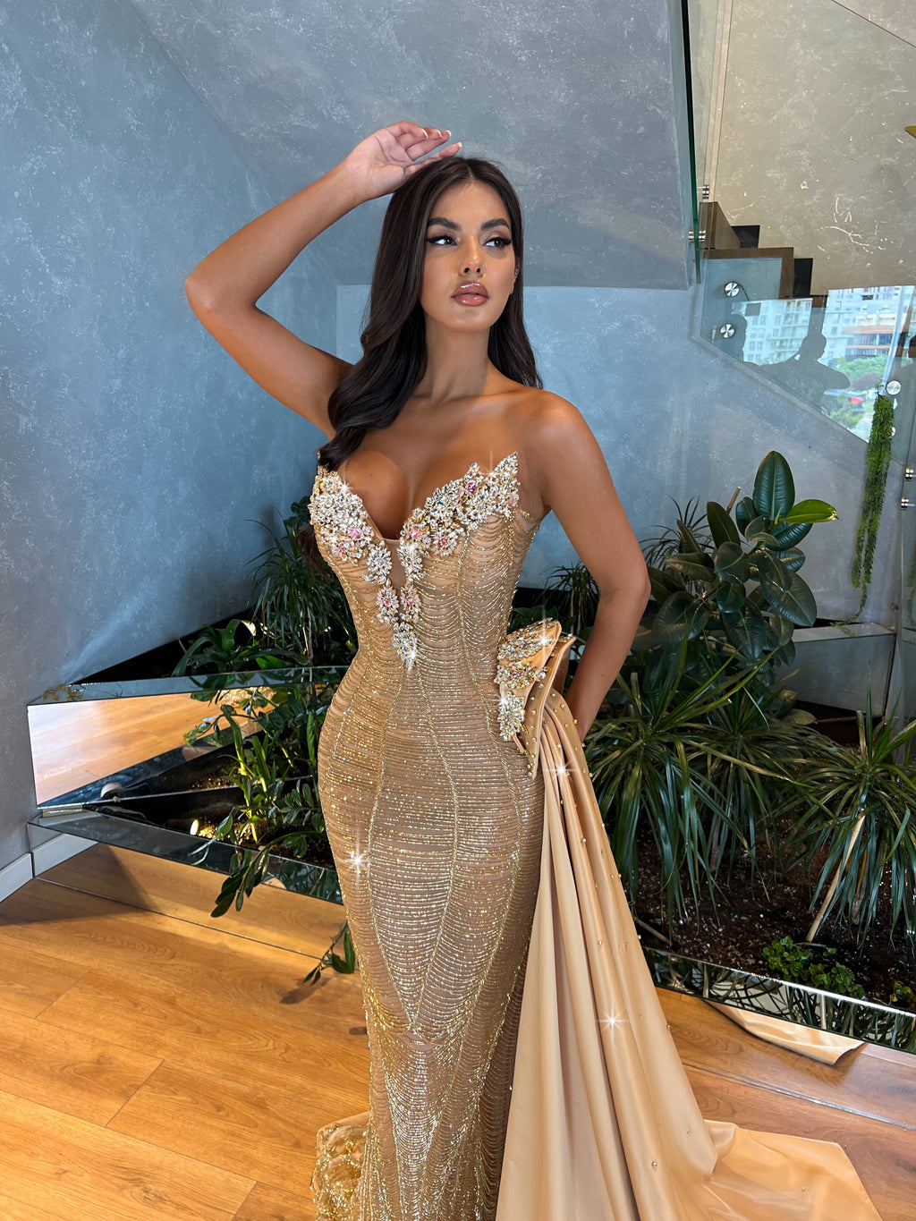 PLUNGE NECKLINE GOLD TASSEL DRESS WITH SIDE SATIN TAIL