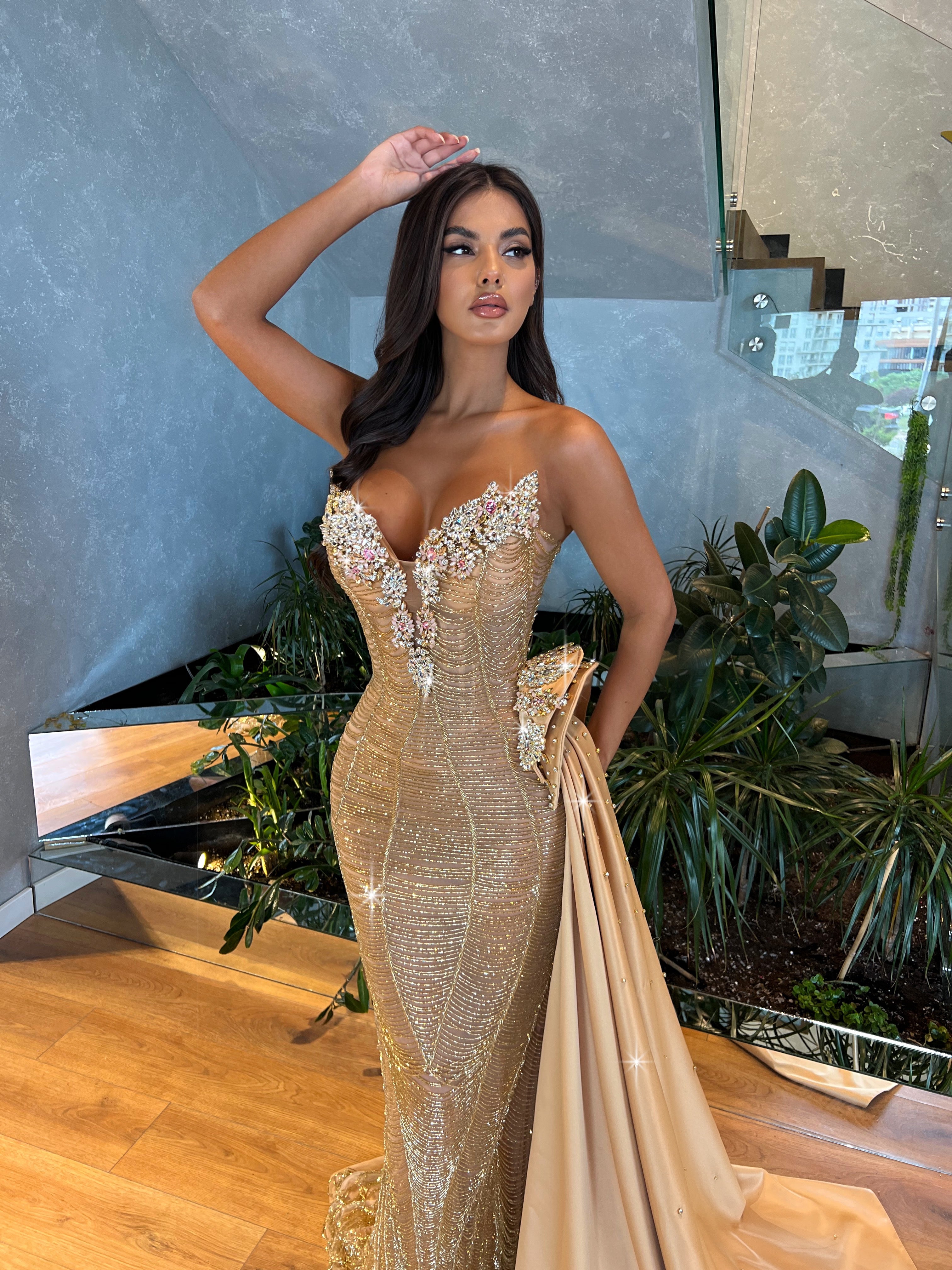 PLUNGE NECKLINE GOLD TASSEL DRESS WITH SIDE SATIN TAIL