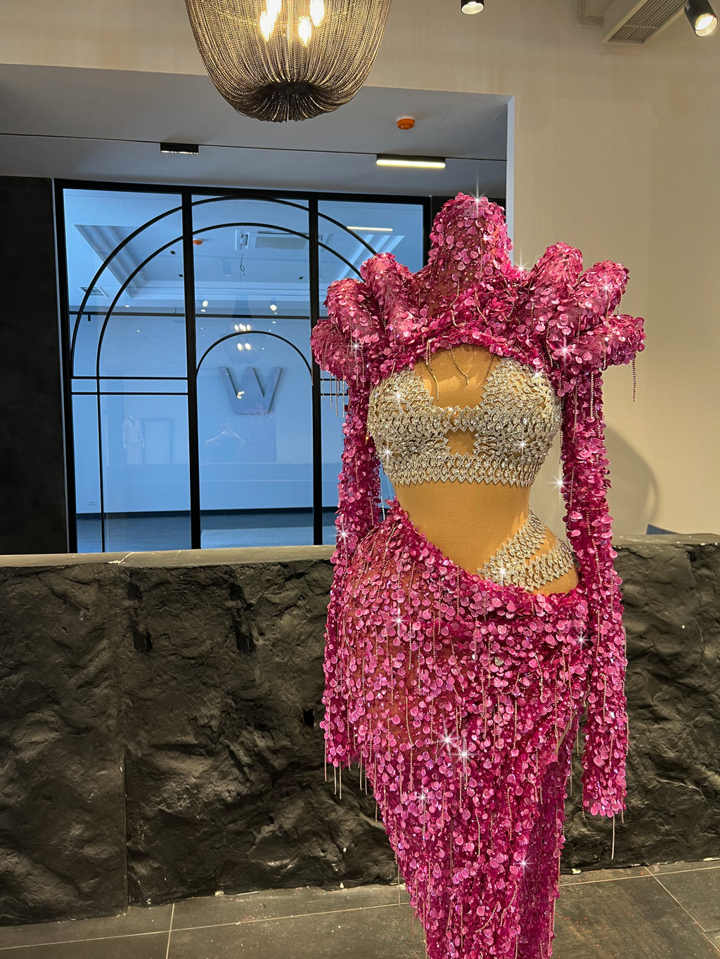 Pink Shimmering Sequin Dress with Silver Bustier