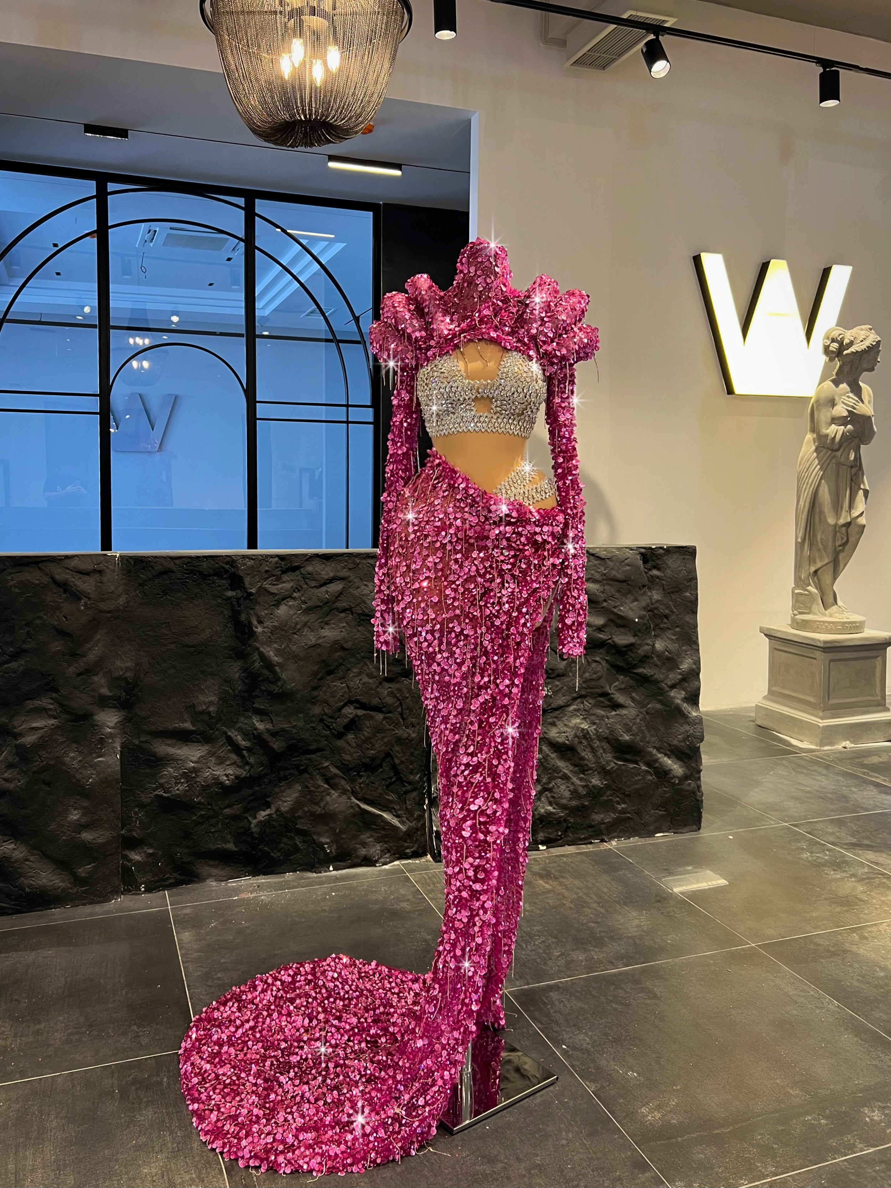 Pink Shimmering Sequin Dress with Silver Bustier