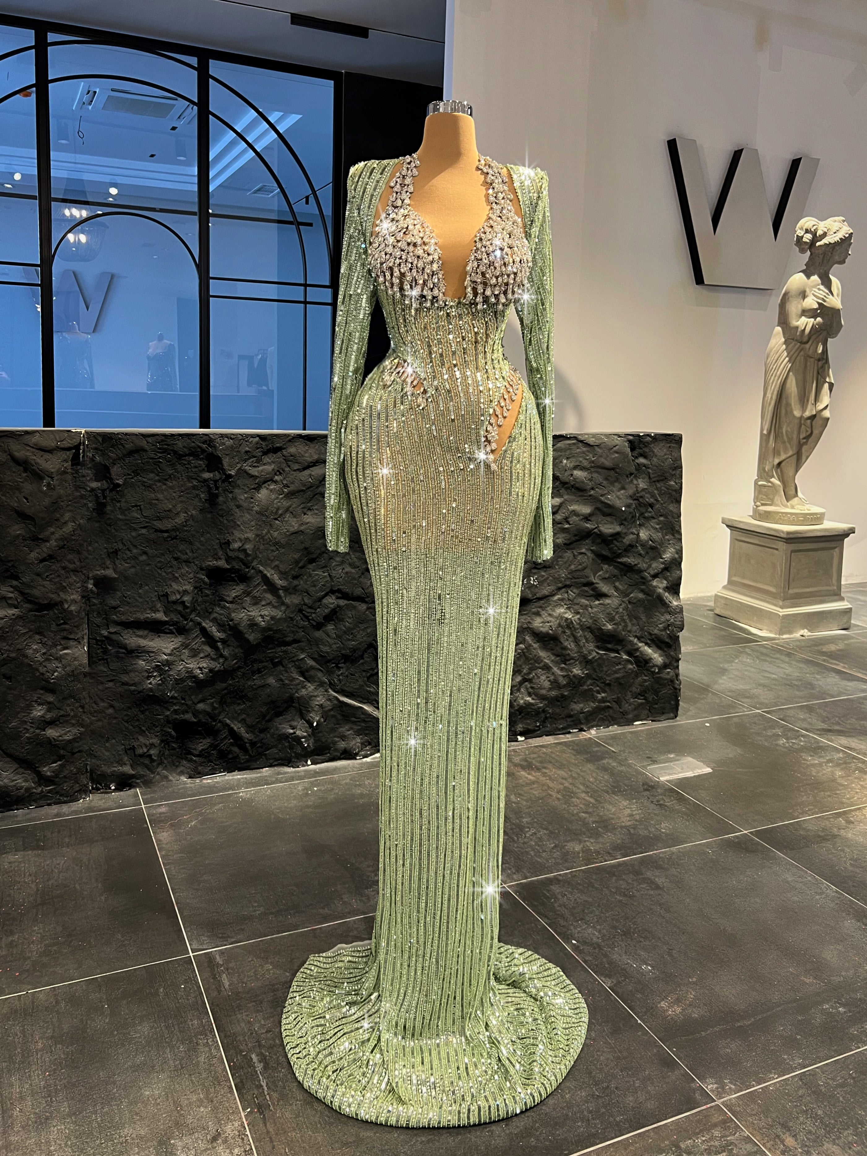 Lime Shimmering Sequin Dress with Silver Rhinestone BustIER