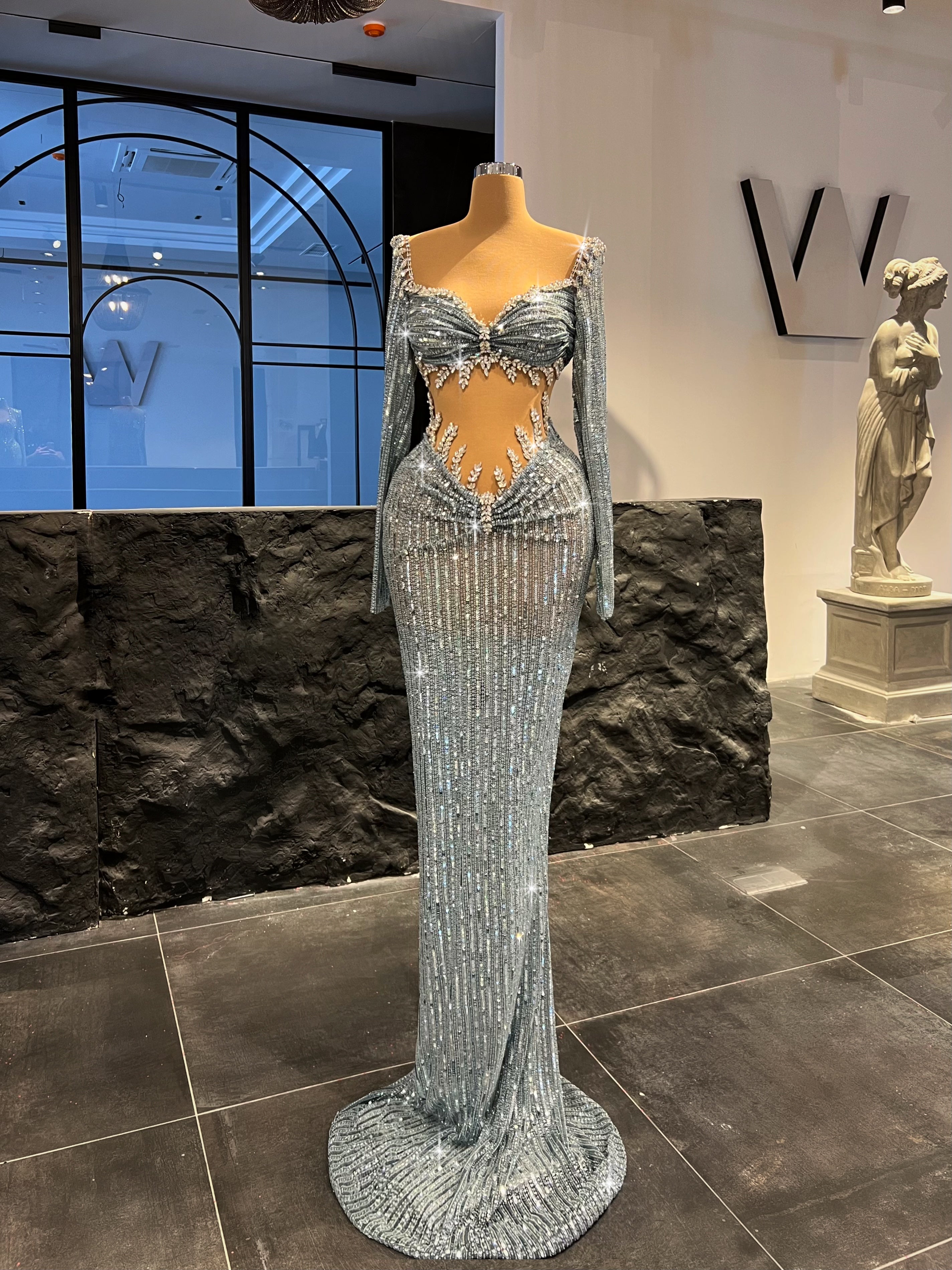 Blue Sequin Dress with Silver Rhinestones