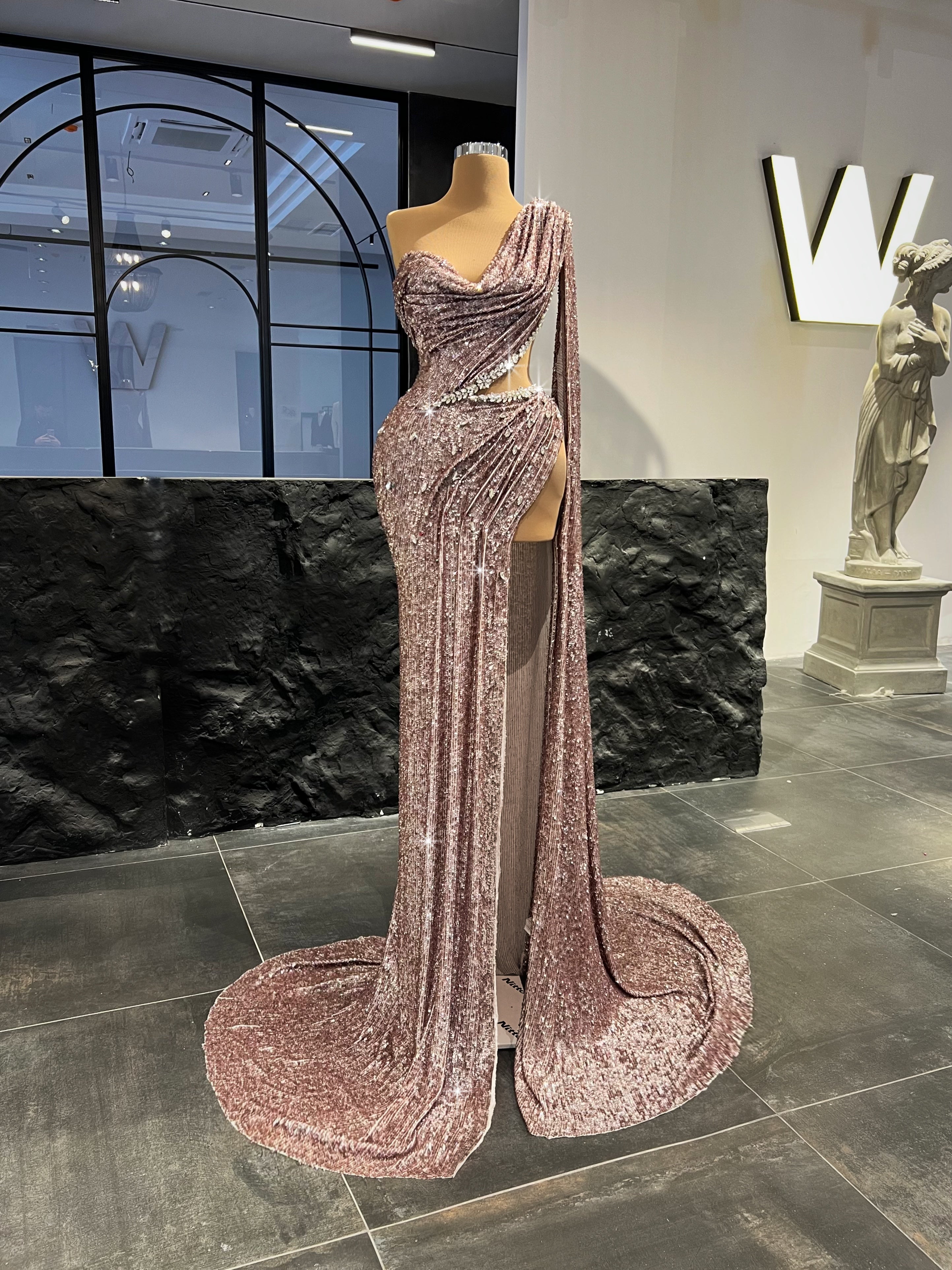 Waist Cut-Out Rosegold Dress with Side Slit
