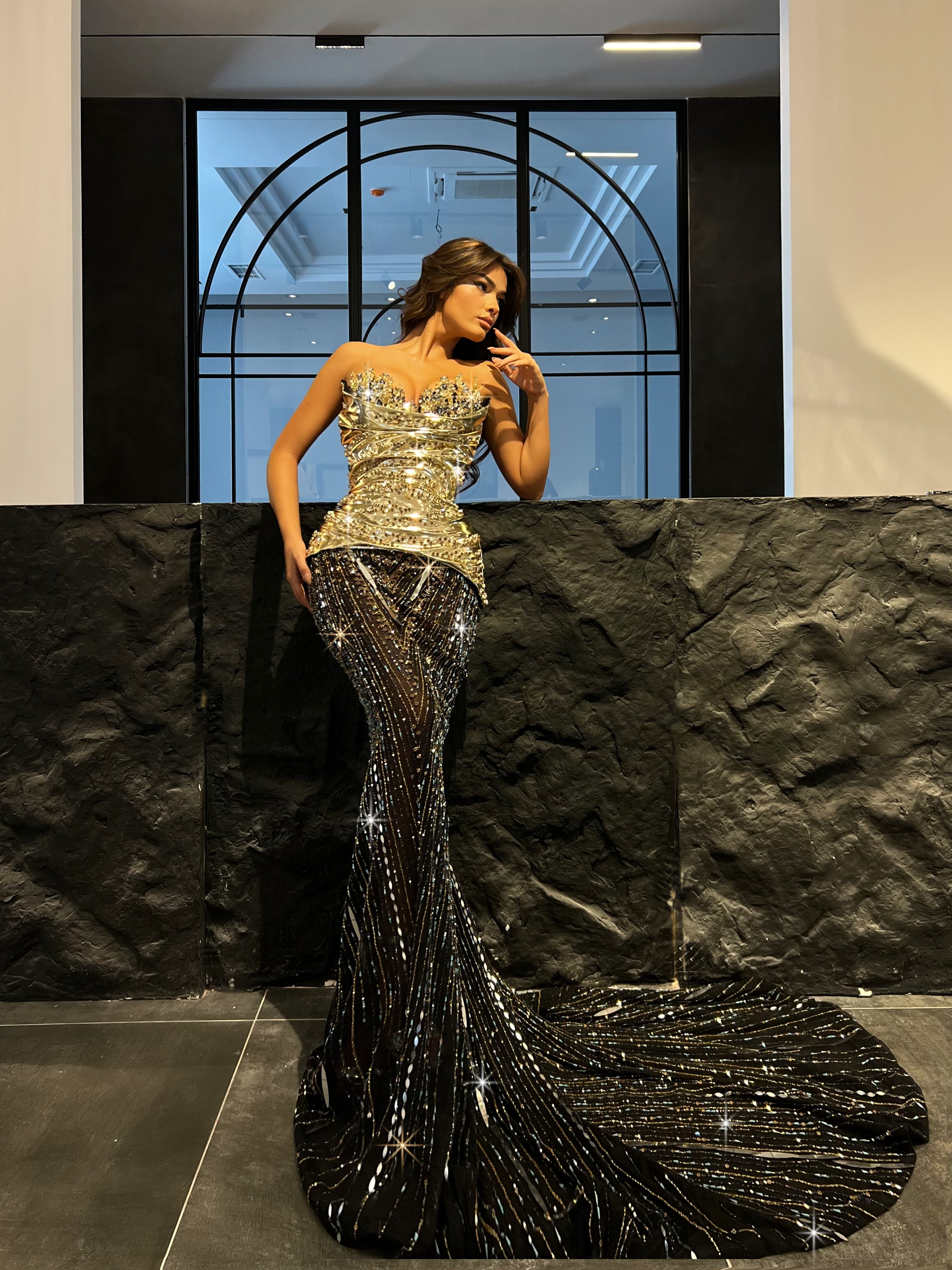 Black Mermaid Dress with Gold Embellished Latex Corset M