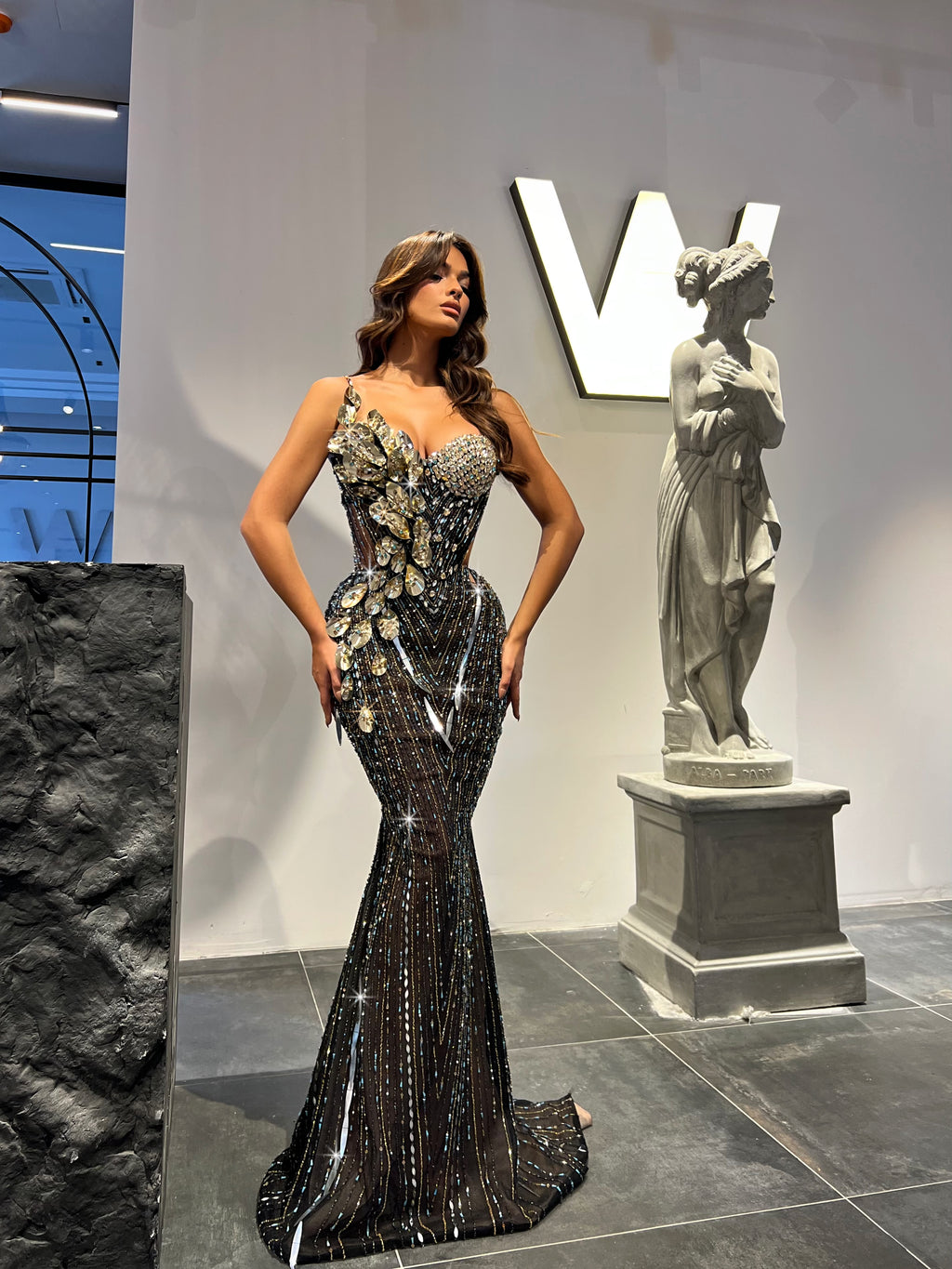 Mermaid Black Embellished Dress with Gold Leaf Details