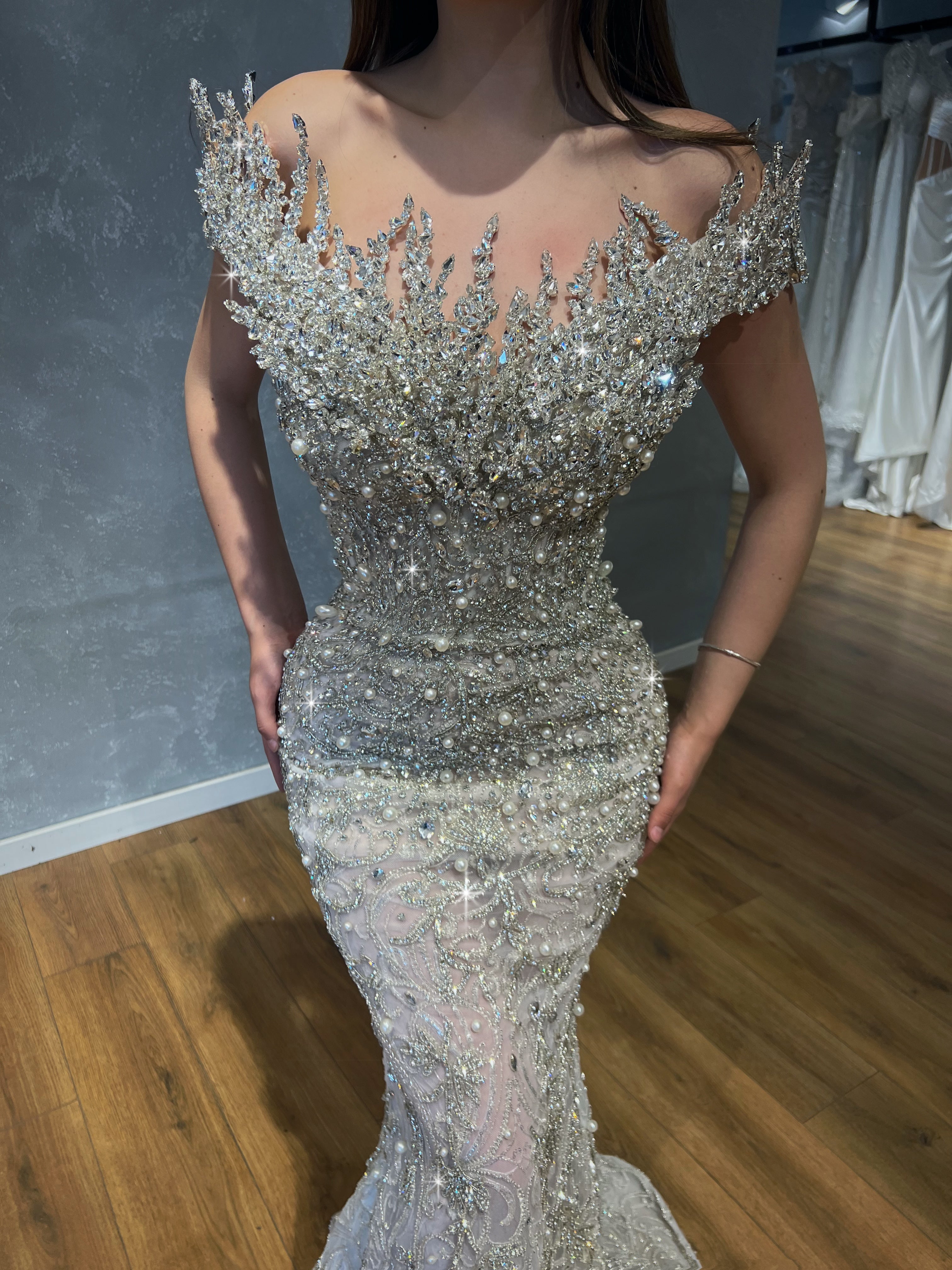 Silver Rhinestone Sticks Bridal Gown with Gloves & Detachable Overskirt