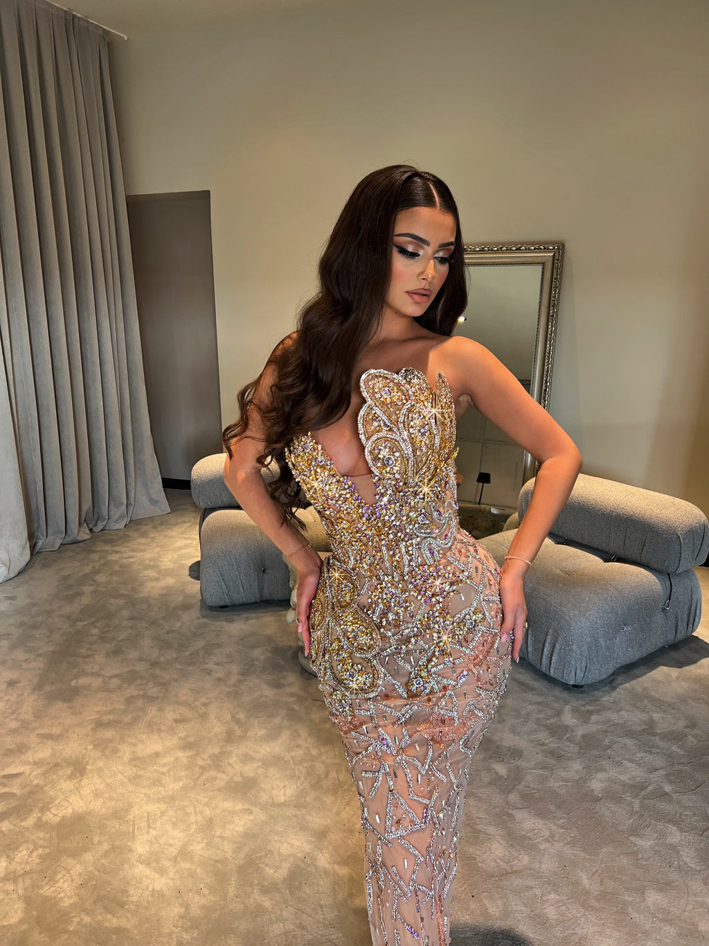 Strapless Gold Adorned Dress