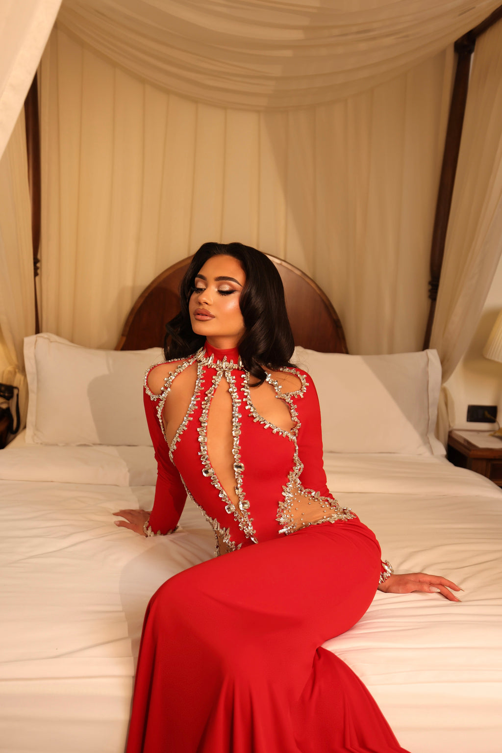 Bianca - Red Crystal Cut Out Mermaid Gown