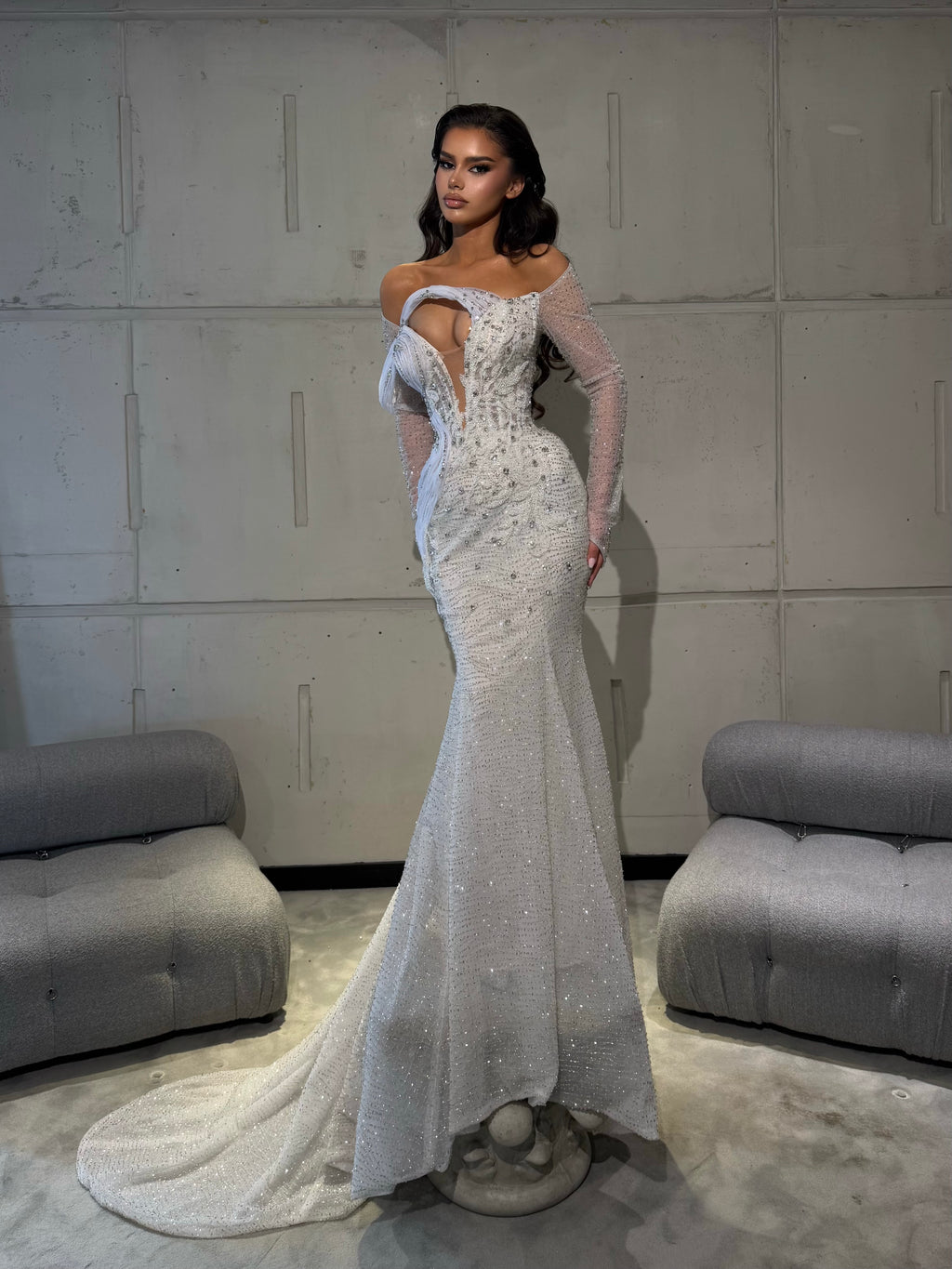 Off Shoulder Bridal Gown with Corset Waist & Mermaid Train
