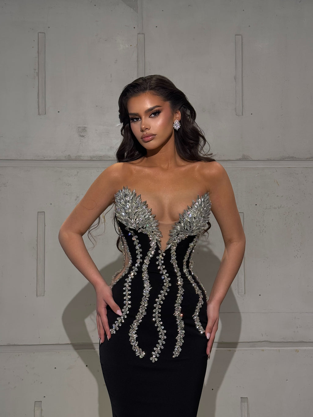 Long Black Strapless Gown with Silver Leaf Embellishments