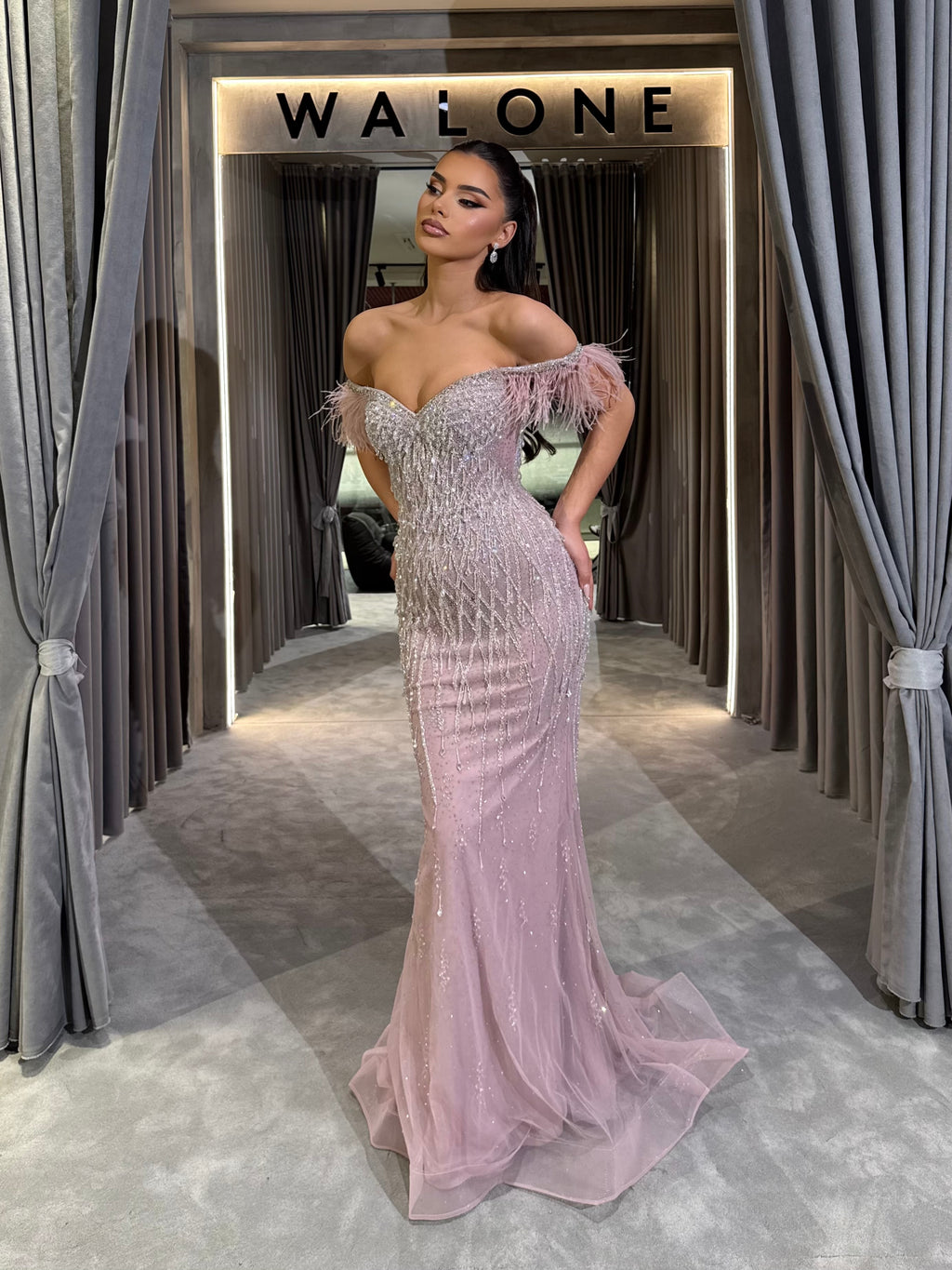 Blush & Beige Feather Off-Shoulder Beaded Gown