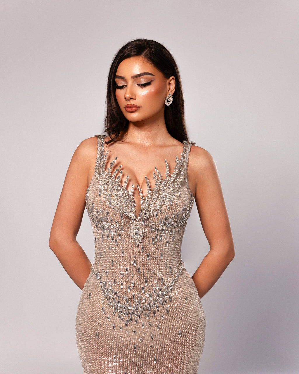 Plunging Neckline Sequin Gown with Detachable Overskirt