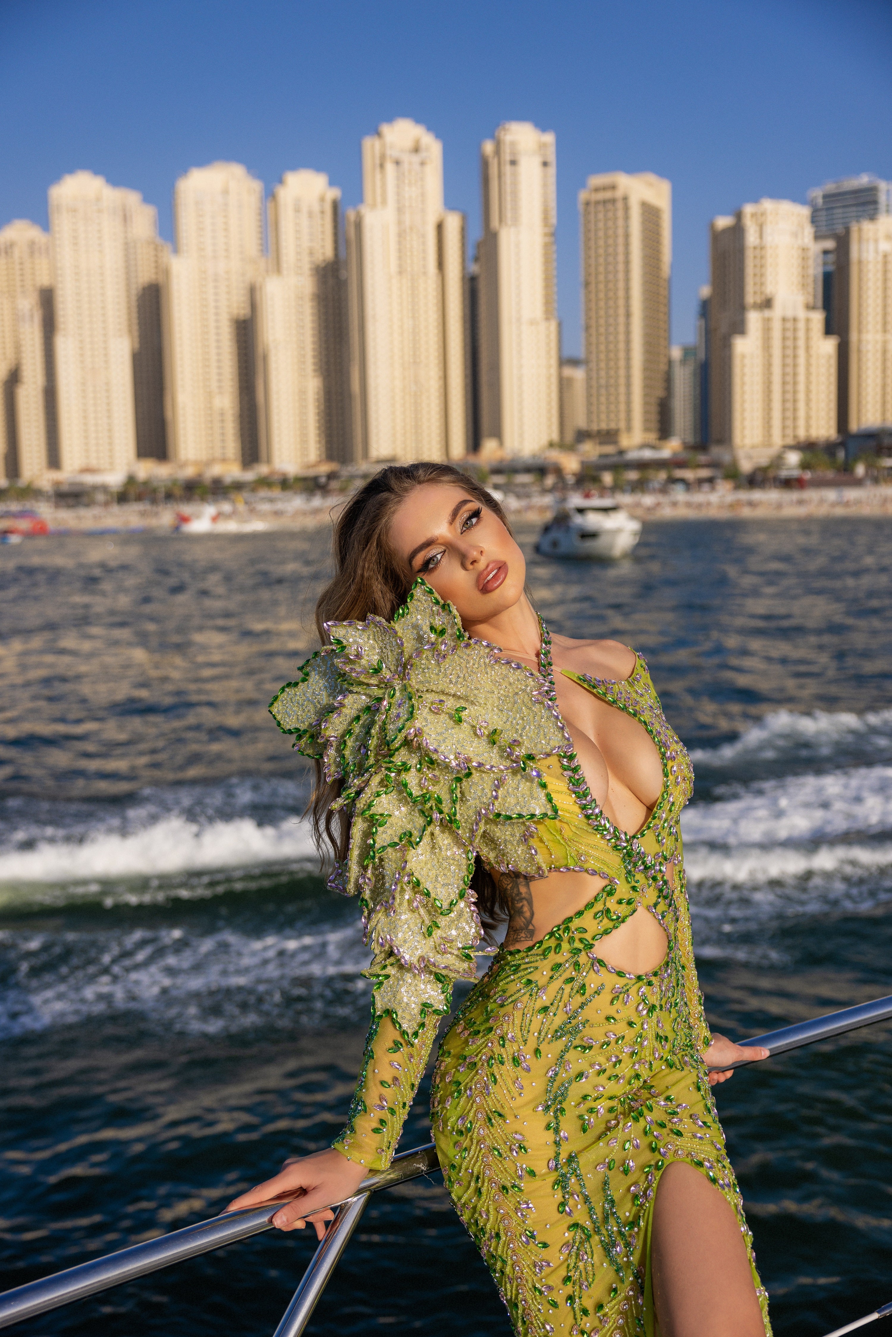 Cut-Out Green Embellished Dress with 3D Flower Detail